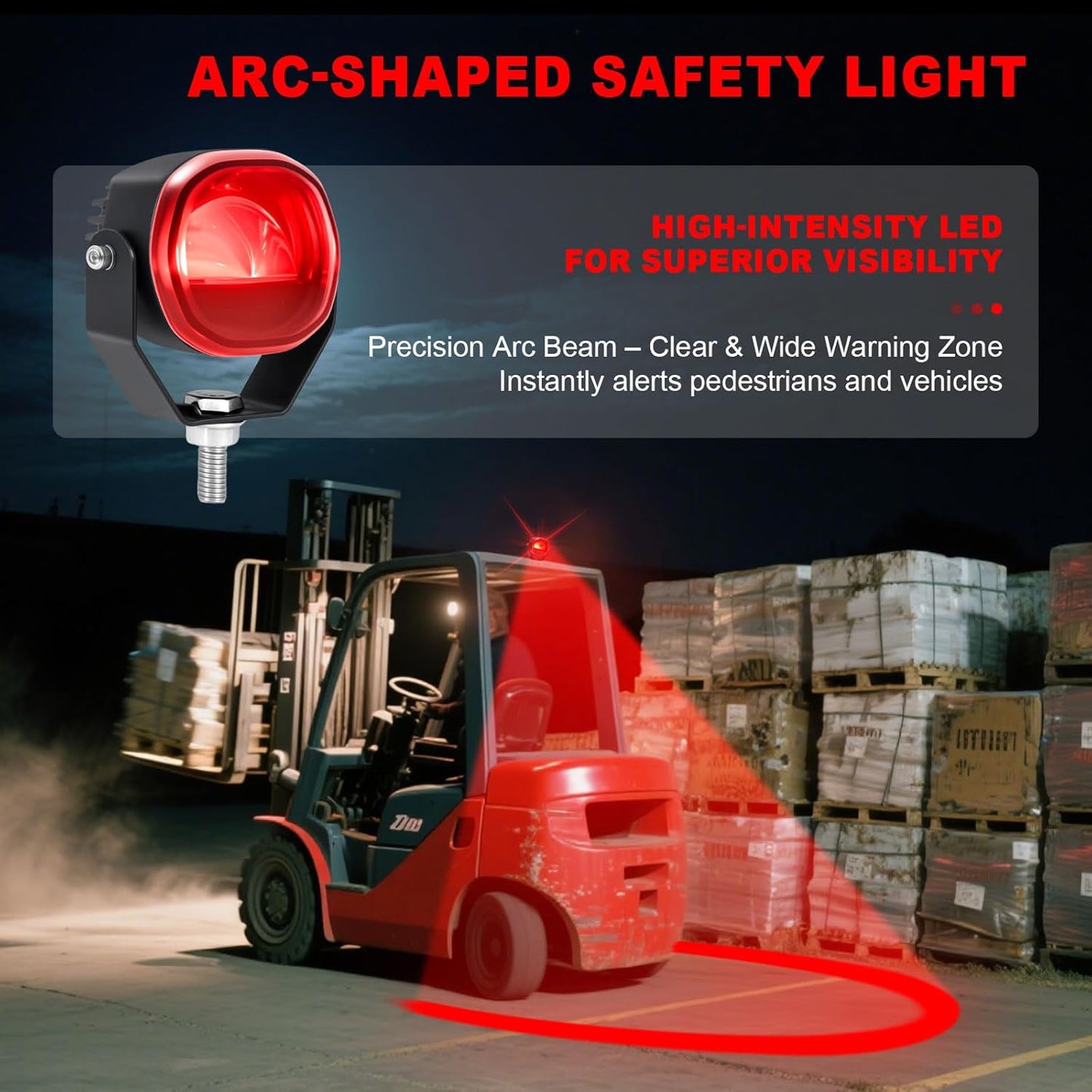 Forklift Arc Safety Light, LED Warning Lamp Red Line Projection, Aluminum Housing, Stainless Steel Bracket, for Industrial Truck, Lift Truck, AGV, Warehouse, Logistics