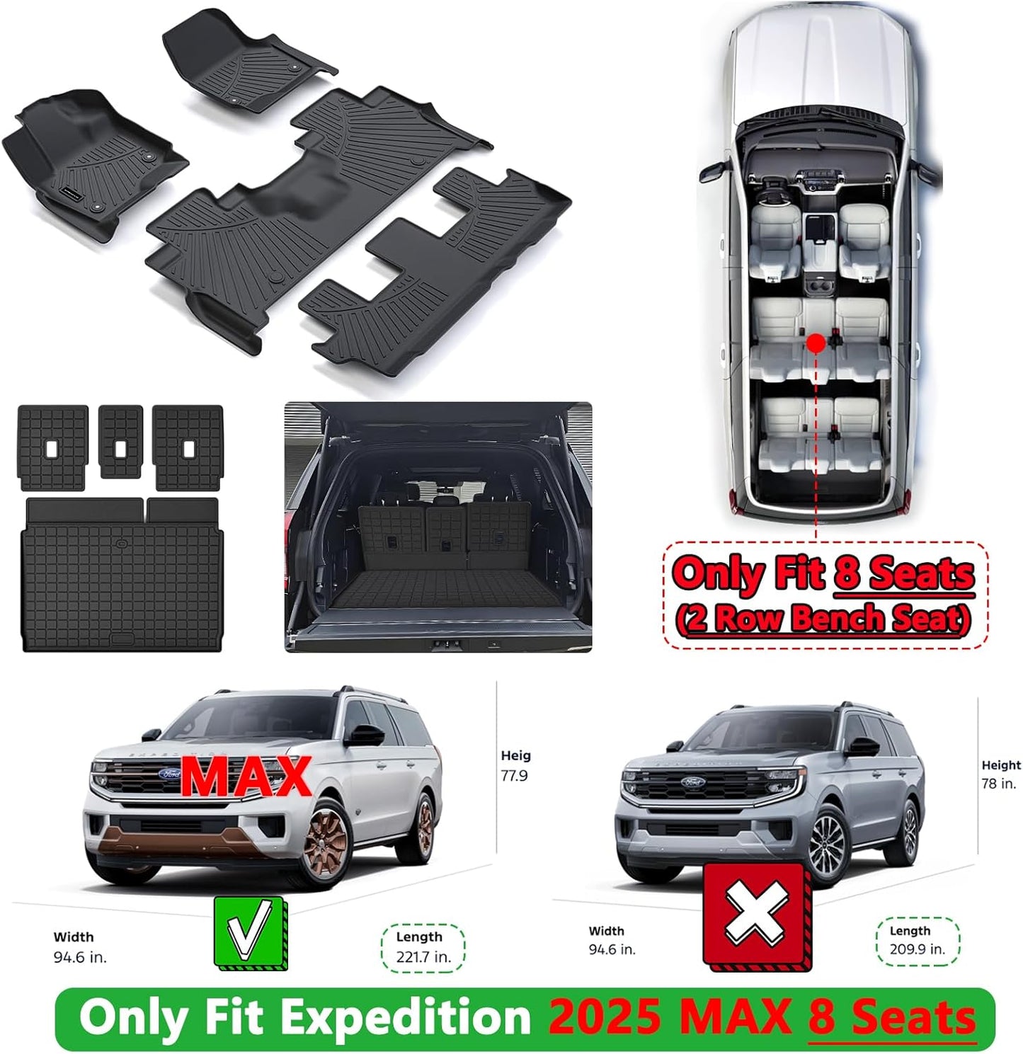 Full Set Floor Mats & Trunk Liner for 2025 Ford Expedition (Only Fit MAX 8-Seat | 2 Row Bench Seat) | TPE All-Weather Liners with Cargo Mat - Custom Fit, Non-Slip, Waterproof