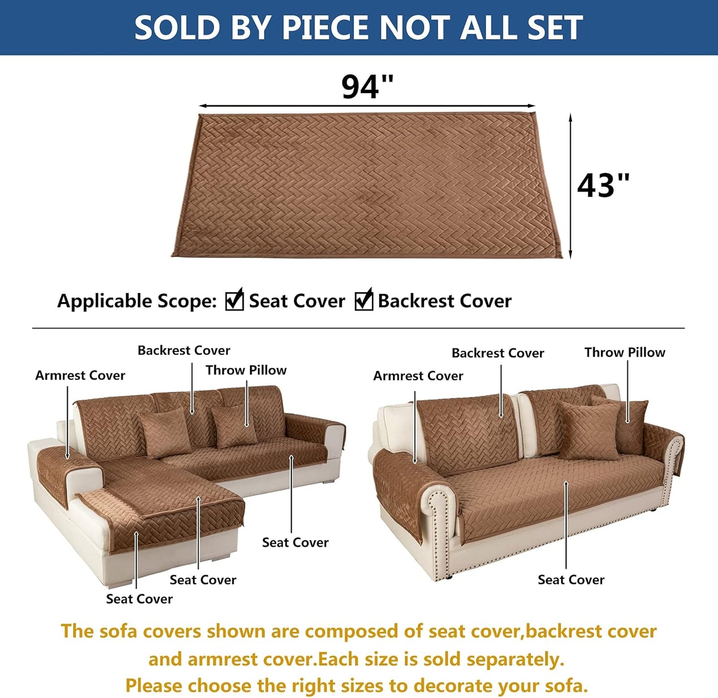 Eismodra Couch Cover,Sectional Couch Covers,Sofa Covers for 3 Cushion Couch,Anti-Slip Sofa Slipcovers for Dogs Cats Kids Loveseat Recliner L Shaped Armrest Backrest,Brown 43''x94''(Only 1 Piece)