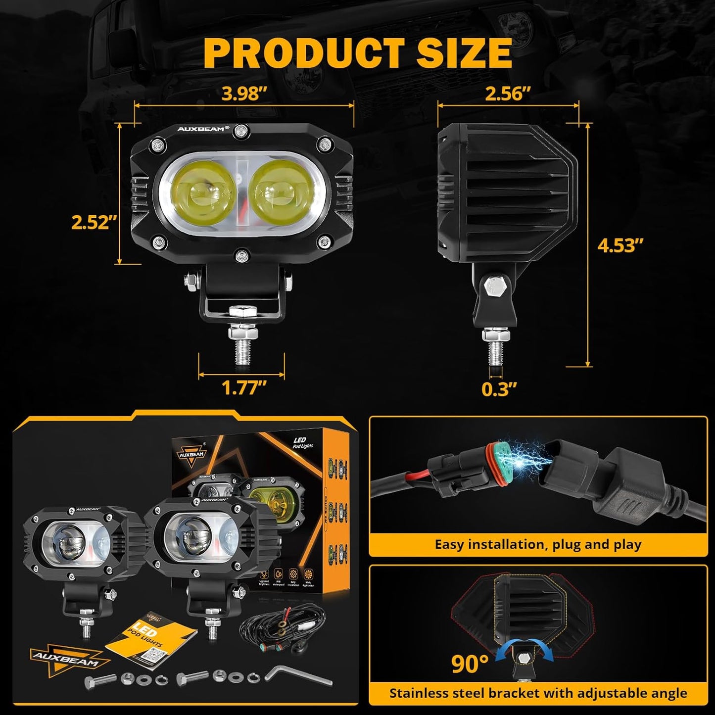 Auxbeam 4 Inch LED Square Pod Light, 60W White Spot Beam Driving Fog Light with DT Wiring Harness for Jeep Wrangler Truck Pickup SUV ATV UTV