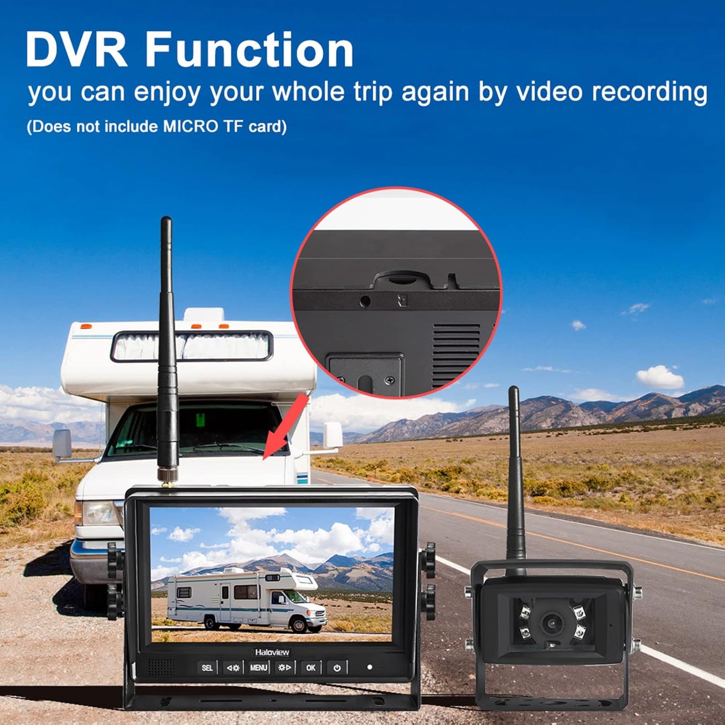 Haloview MC7108 Wireless RV Backup Camera System 7'' Monitor Built in DVR Rear View Camera with Infrared Night Vision and Wide Viewing Angle for Truck/Trailer/RV/Pickups/Camping Car/Van/Farm