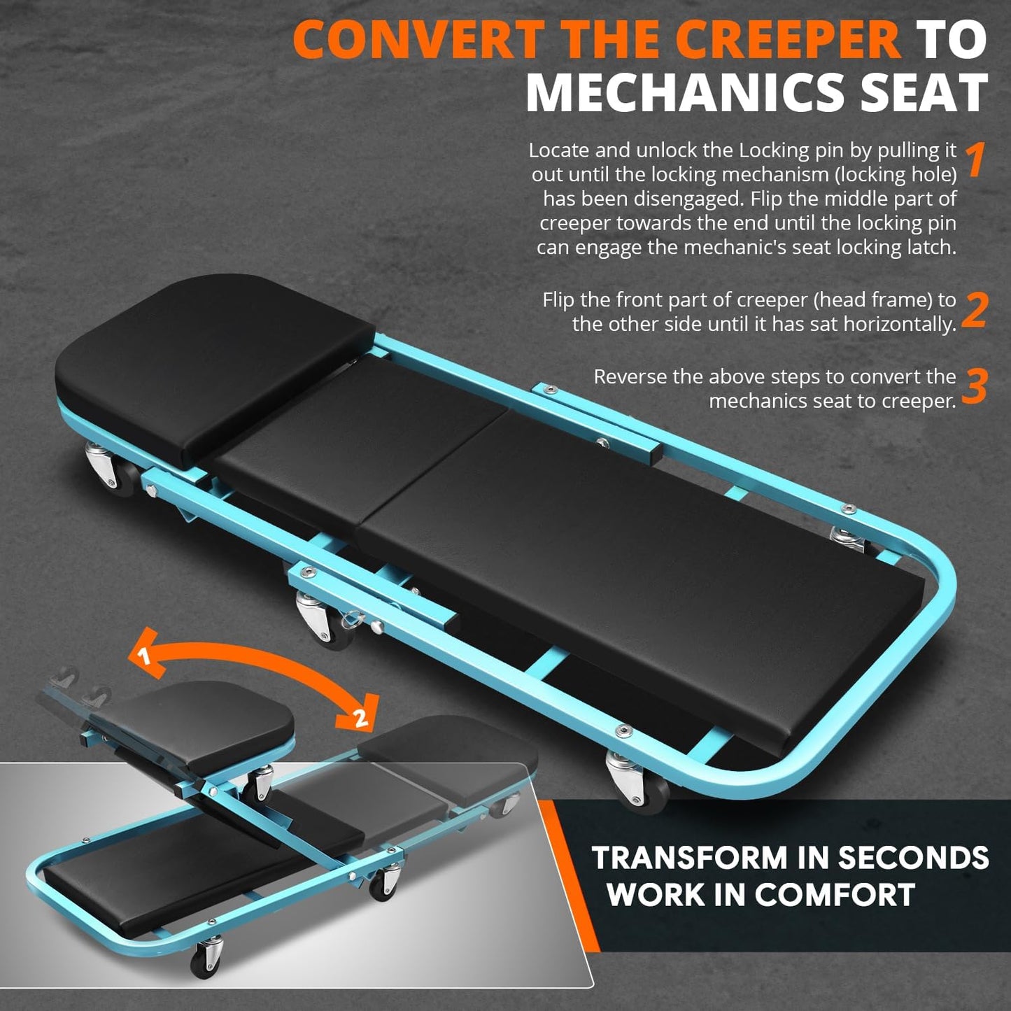 DNA MOTORING 40 Inches Folding 2 in 1 Rolling Z Creeper, Adjustable Roller Garage Chair Lay Down or Sit, 6 Pcs 2" Casters, 150kg Weight Capacity, Tiffany Blue, TOOLS-00187-TB