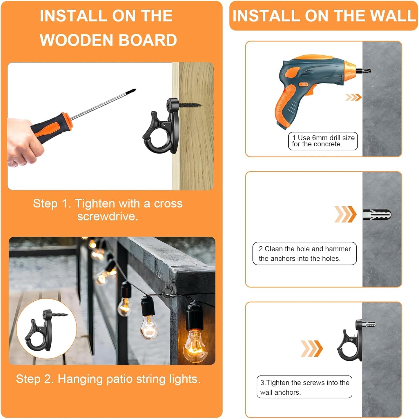 24 Pcs String Light Hooks, Screw in Hooks for Hanging String Lamp, Wire, Plants Pot, Wind Chimes, Patio Fairy Light Cord Holder with Buckle, Outdoor Concrete Wood Wall Halloween Xmas Decor Q Hanger