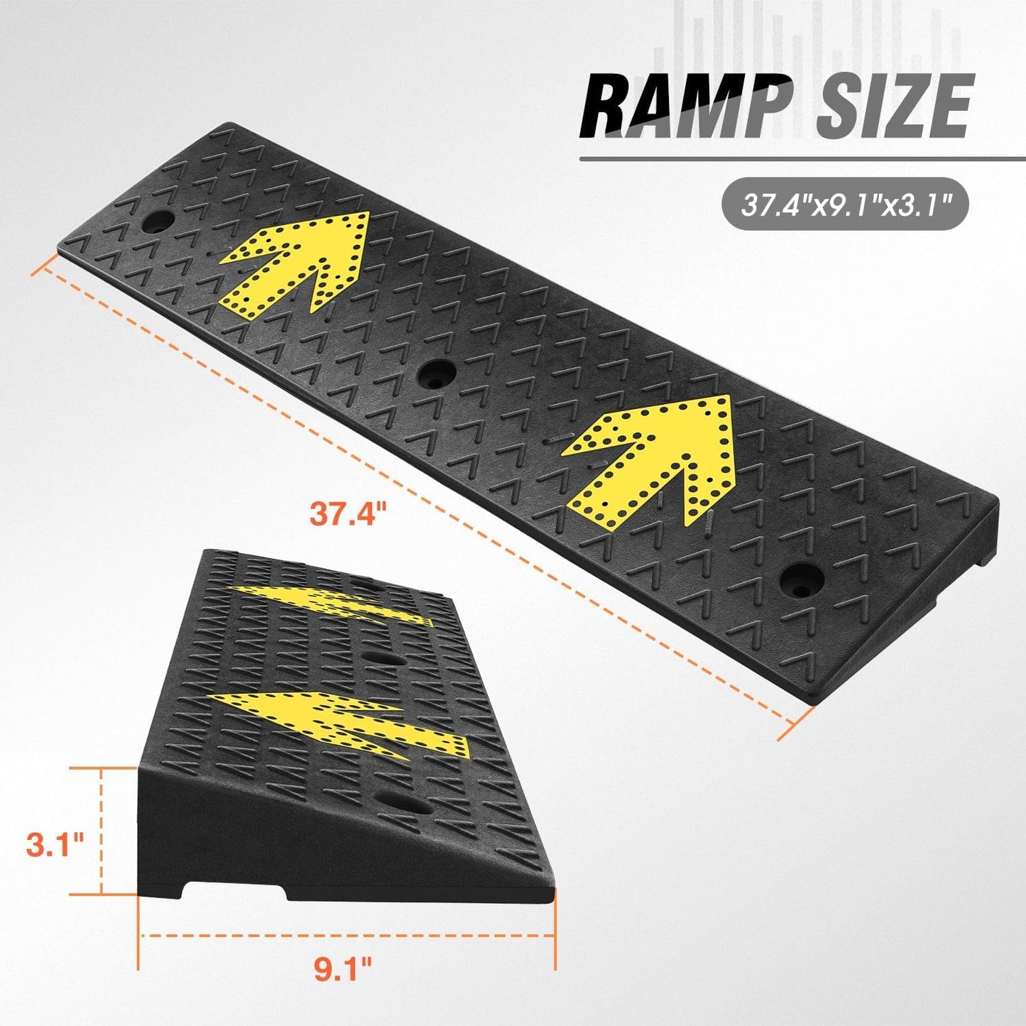 DNA MOTORING 2pcs 3.1" Rise Rubber Arrow Curb Ramp Heavy Duty Loading Driveway Ramp Threshold Ramp 37.4in L x 9.1in W x 3.1in H for Loading Dock, Warehouse, Wheelchair, Motorcycles, Cars, TOOLS-00649