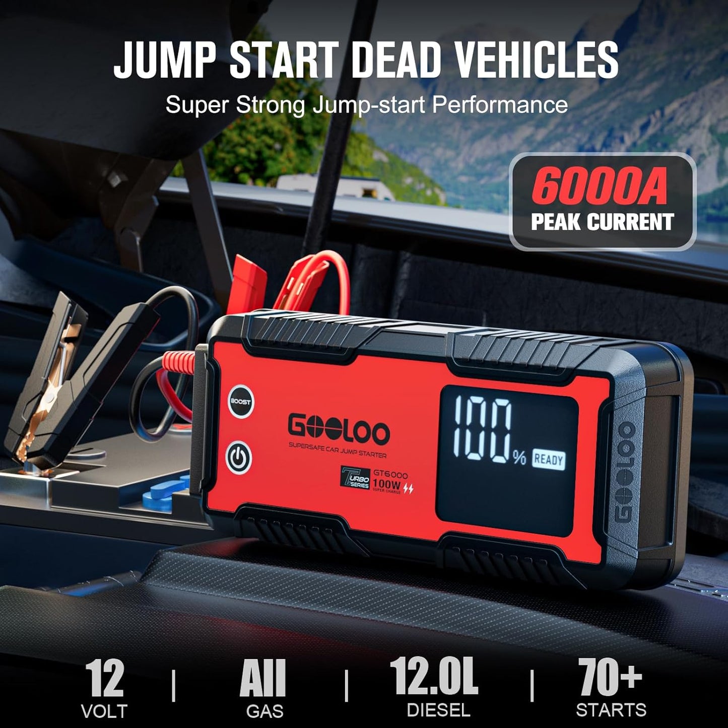 GOOLOO 6000A Jump Starter GT6000 Car Starter with 100W Bi-Directional Fast Charge, Powerful 12V Auto Battery Booster(All Gas & up to 12L Diesel Engine), Supersafe Portable Jump Box for Emergency Use