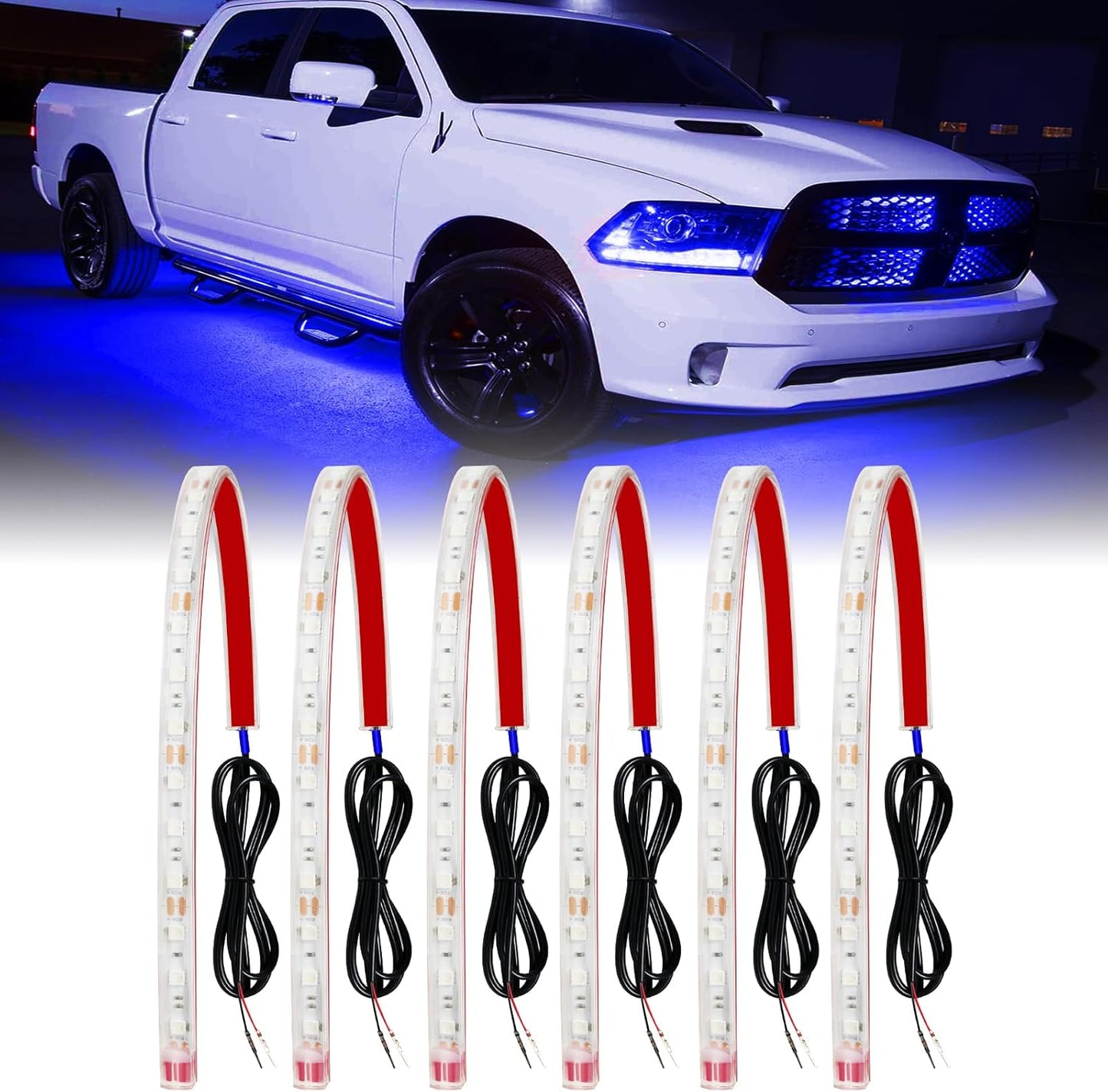 Qasim LED Strip Lights Car Boat Truck Interior Exterior Lighting, Waterproof Auto Front Grill Ambient Lighting, Golf Cart Motorcycles Underglow LED Light Blue 32CM 12V-Pack of 6