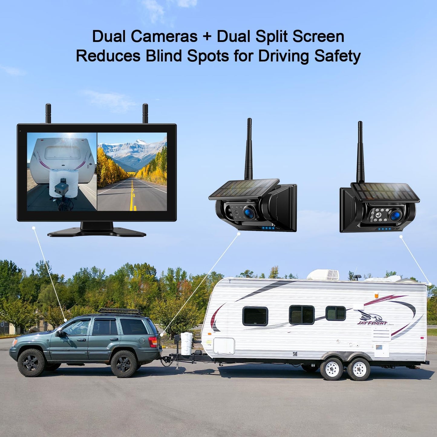 Fookoo 2 Magnetic Solar Wireless Backup Camera 10.1" IPS Touchscreen Monitor 1 Min DIY Install Portable Scratch-Proof No Drilling HD 1080P DVR Rechargeable Night Vision for RV Truck Camper - DCM102