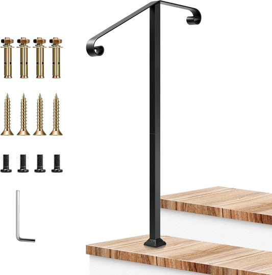 VIVOSUN Outdoor Handrail, 2 Step Stair Handrail, 21.6" x 39" Fits 1 to 2 Steps, Wrought Mattle Iron Stair Railing with Dual Curved Ends for Concrete Steps, Porch Steps, One-Step Assembly, Black