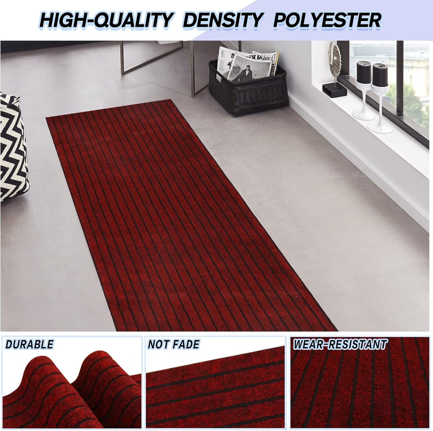 Custom Size Backed Non-Slip Area Rugs Runner, Easy Clean, Waterproof Runner Rugs for Hallway Entryway, Kitchen, Laundry, 4FT x 19FT, Red Stripe
