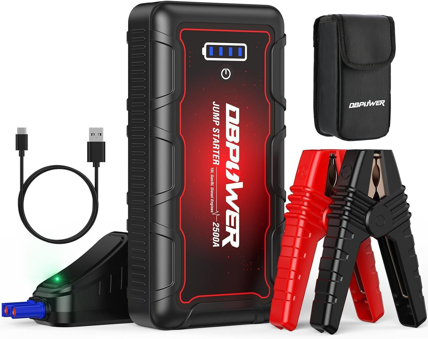 DBPOWER Jump Starter 2500A Peak 74Wh Portable Car Jump Starter (Up to 10L Gas/8L Diesel Engine) 12V Auto Battery Booster Pack with Smart Clamp Cables, Quick Charger, LED Light Jump Box
