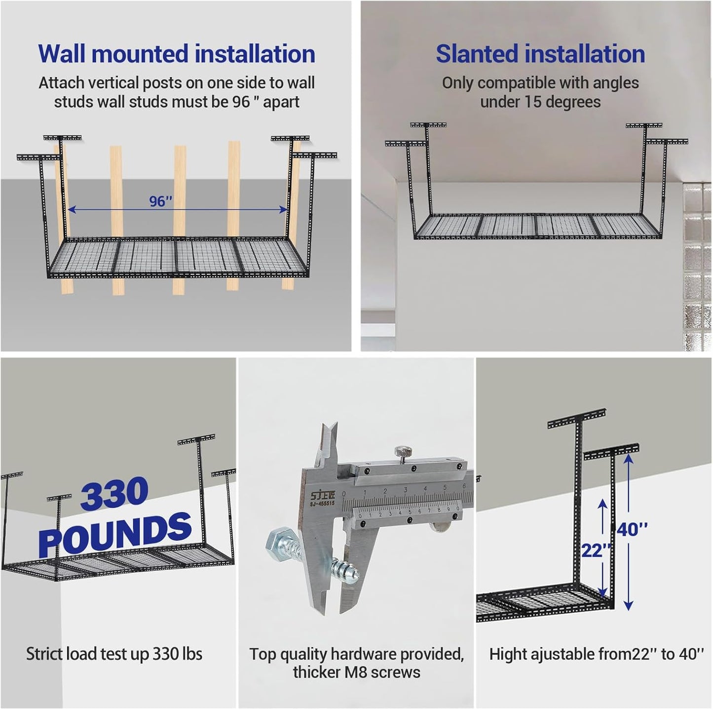 Overhead Garage Storage Rack 4x8 FT, Steel Ceiling Shelves 330lb Capacity, Height Adjustable 22-40 Inches, Space-Saving for Attic Basement Shed (Black, 4 Posts)