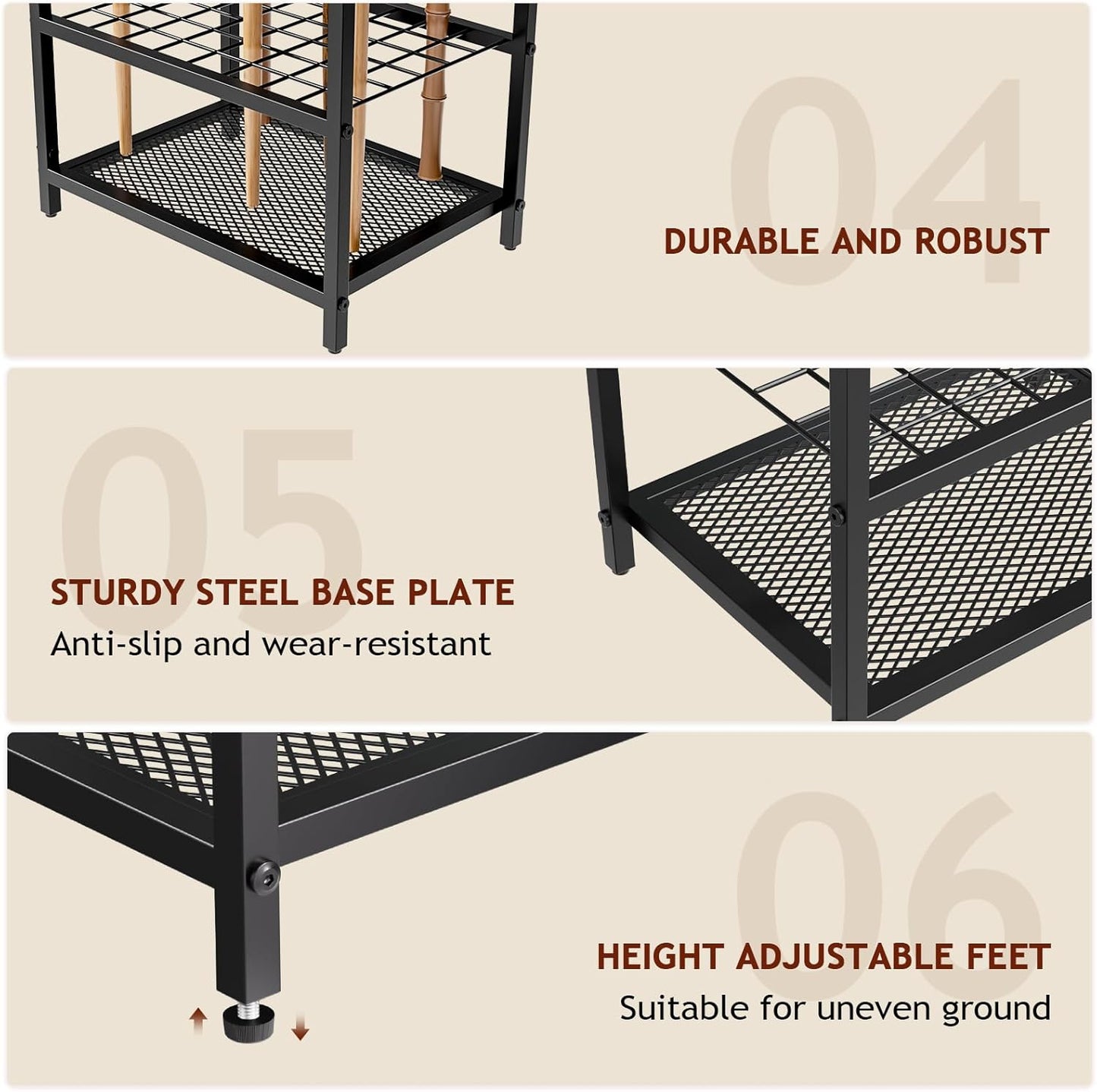 Garden Garage Tool Organizer - Yard Tool Organizer for Garage with 4 Hooks, Heavy duty Steel Garden Tool Rack Holds up to 48 Long Handled Yard tools for Storage