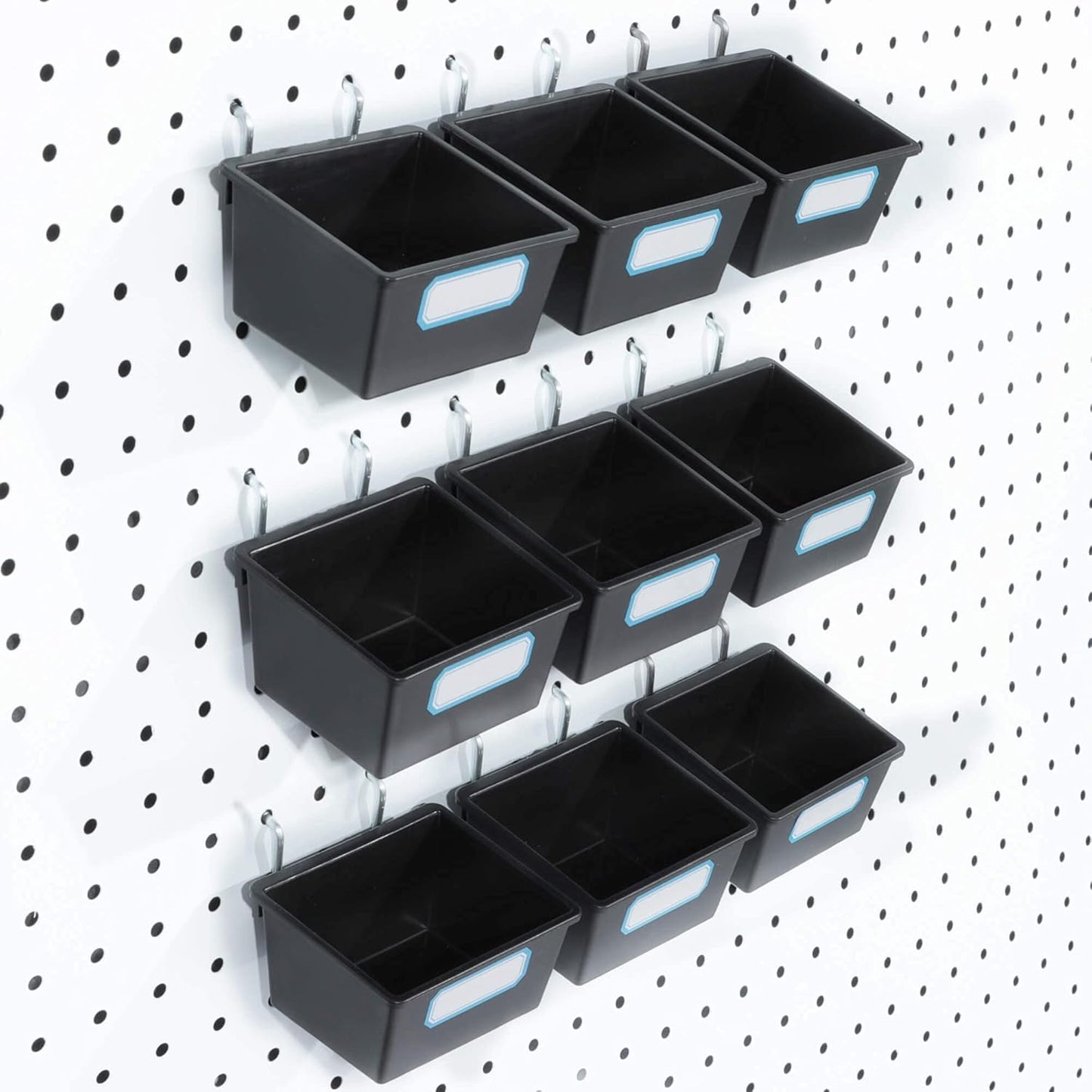 FRIMOONY 16 Pack Pegboard Bins with Hooks and Labels, for Organizing Accessories, Black