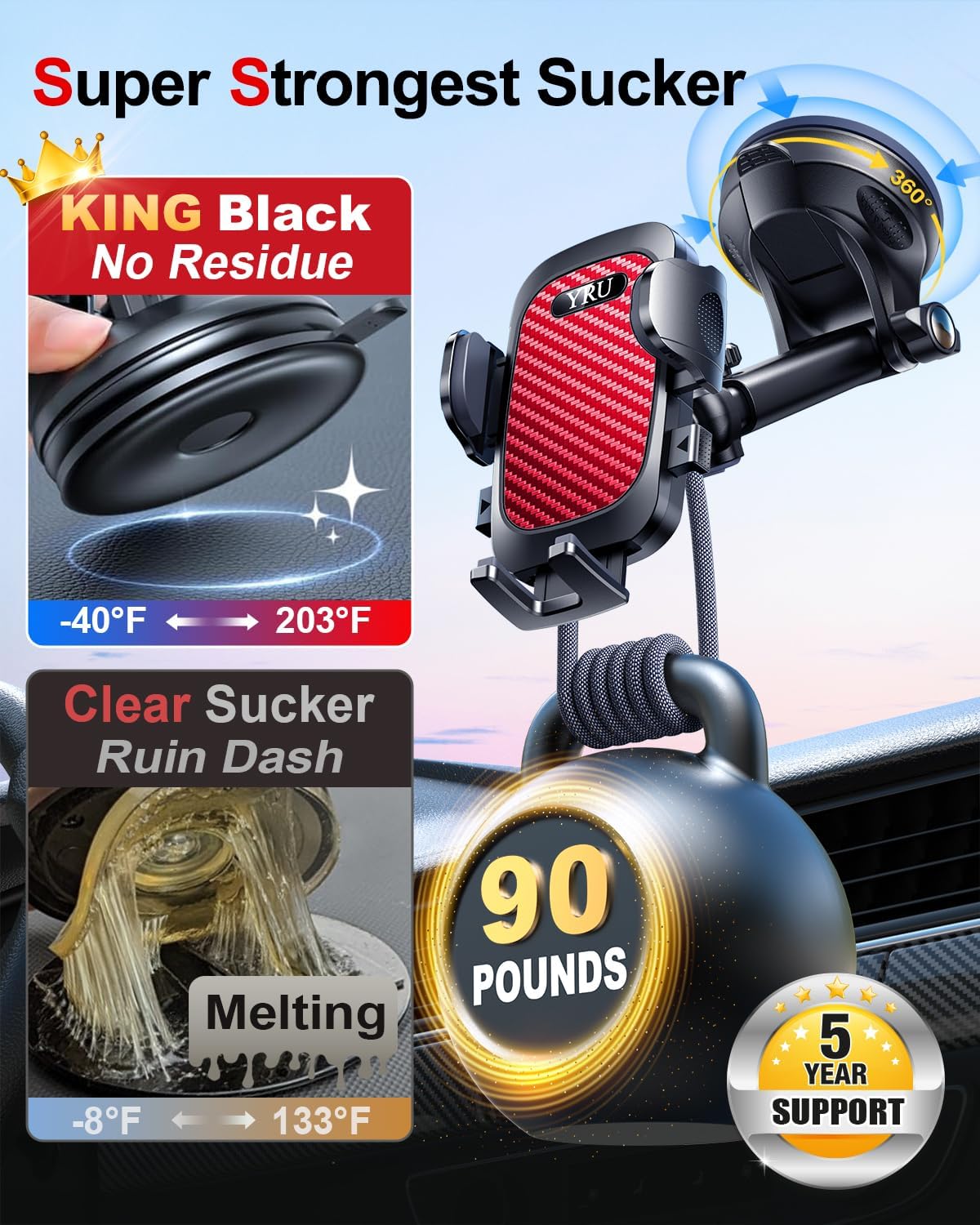 YRU [True Military-Grade & 360 Degrees Rotatable Suction 2025 Ultimate Car Phone Holder Mount 【90+LBS Safest Strongest & Patent Certs】 Dashboard Windshield Vent for iPhone 16 15 Pro Max Samsung, Red