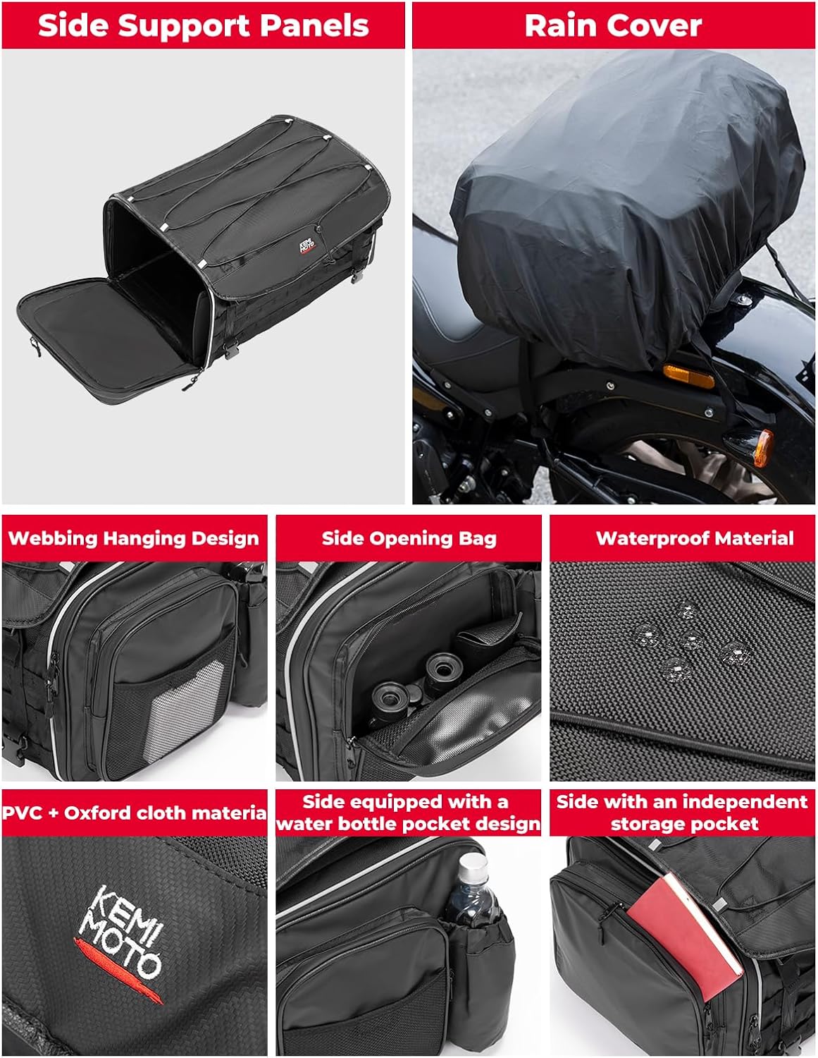 KEMIMOTO Motorcycle Tail Bag, Dual Use Motorcycle Rear Seat Bag with Waterproof Rain Cover, 50L Expandable Motorbike Helmet Bag Luggage Storage Backpack