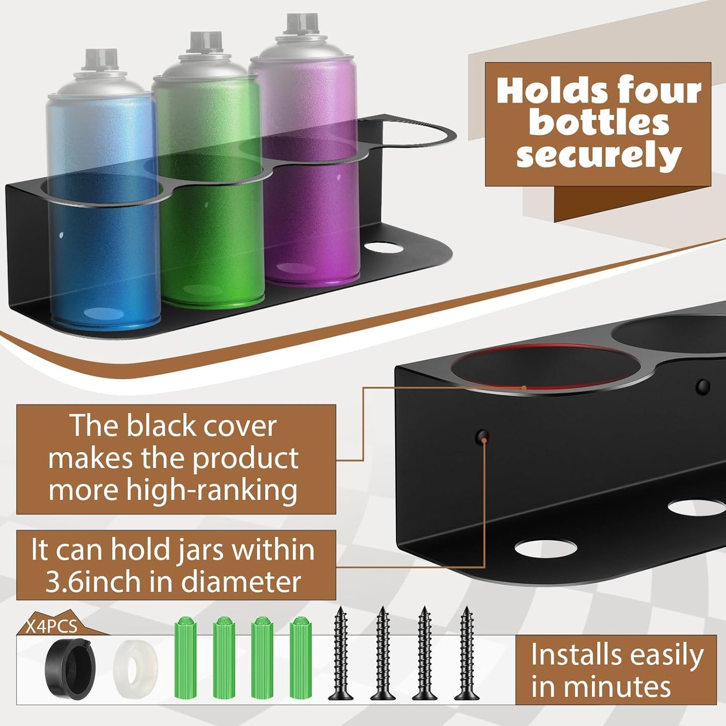 Therwen 2 Pcs 4 Holes All Purpose Steel Spray Bottle Holder Heavy Duty Can Holder Rack Organizer Easy Install Wall Mount Paint Spray Bottle Organizer Storage Rack for Garage Home Workspace(Black)