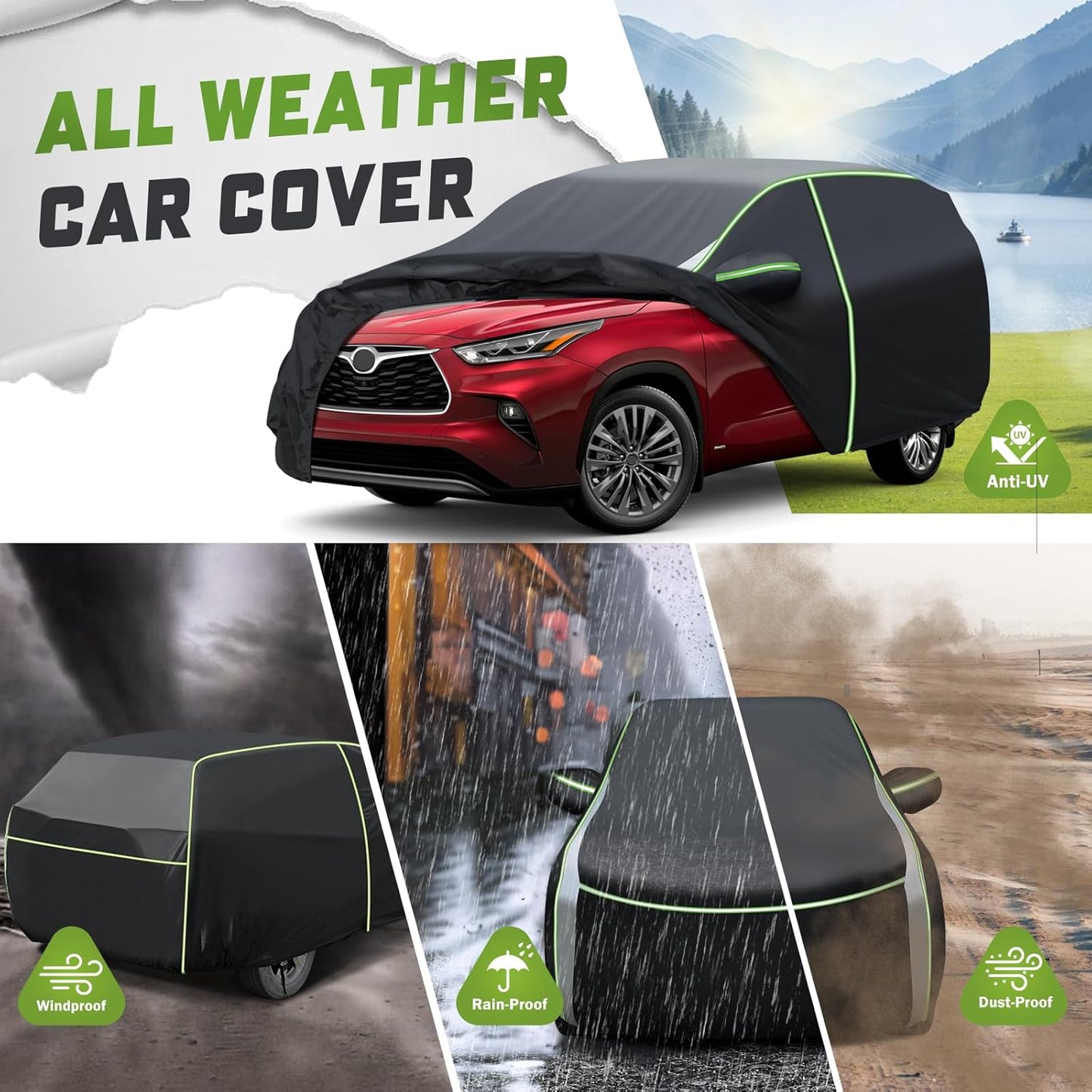 Mixsuper Liner Car Cover for Toyota Highlander 2001-2025, 7 Layers Waterproof Car Cover Accessories for Highlander with Zipper Door, Windproof Straps, Reflective Strips, Anti-UV, All Weather