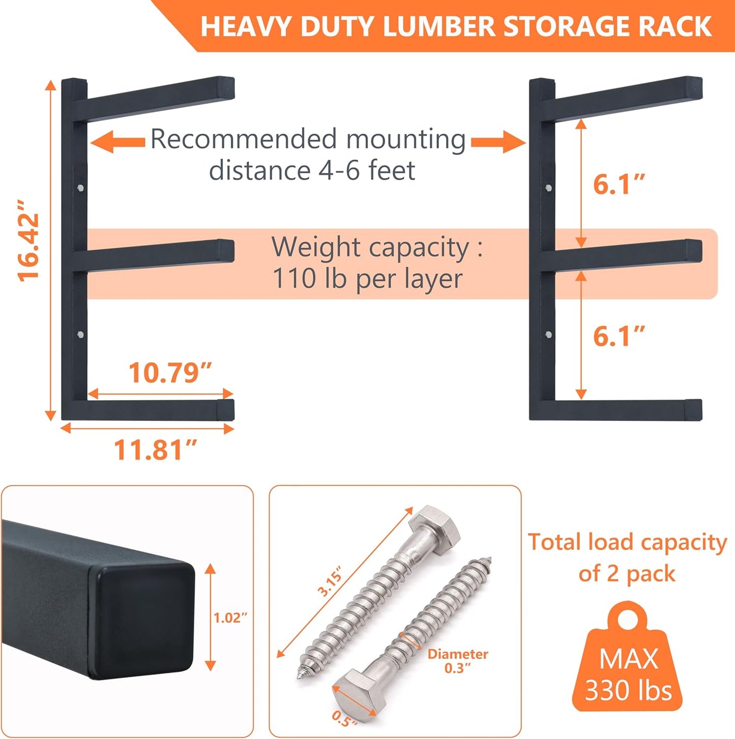 Wood Storage Racks with 3 Level, Garage Organizer Lumber Storage Rack Wall Mounted, Workshop Organizers Wood Wall Shelving, Lumber Metal Racks for Garage, Basement, Indoor and Outdoor (Black-4 Pack)