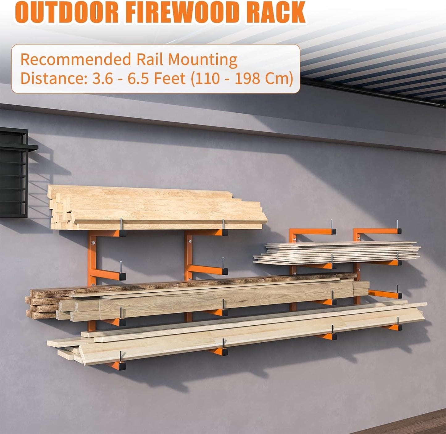 4-Pack Lumber Storage Rack, Wood Storage Racks Wall Mount, Heavy Duty Garage Wood Organizer With 8-Level System, Orange Utility Rack Organization Up 1600 Lbs, Metal Lumber Shelf for Indoor & Outdoor