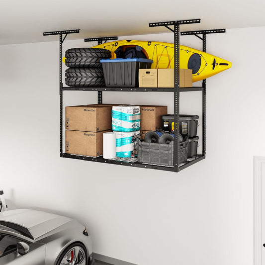 FLEXIMOUNTS 3x6 2-Tier Overhead Garage Storage Rack – Adjustable Heavy Duty Metal Garage Ceiling Storage Racks, 880 lbs Capacity – Garages Organization System for 10–15 ft Tall Garages, Black