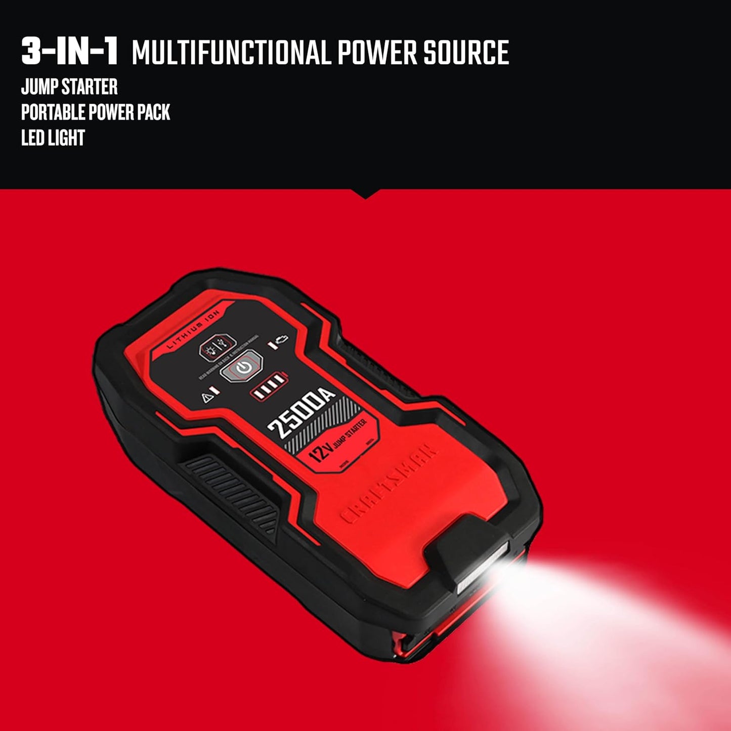 CRAFTSMAN Lithium Jump Starter and Portable Power Pack, CMXCESM262, 3-in-1, 2.4 Amp USB Port, LED Light, 2500 Amps, 12 Volt, for Motorcycle, Car, SUV, Truck, and Marine Batteries