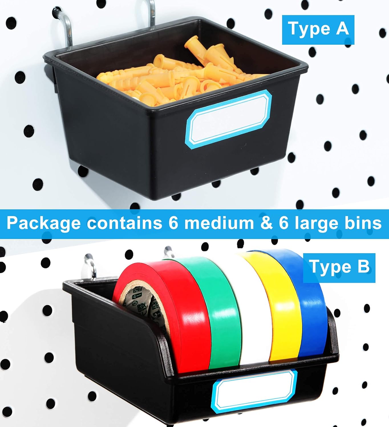FRIMOONY Pegboard Bins with Hooks and Labels, for Organizing Accessories, 6 Pack Type A and 6 Pack Type B, Black