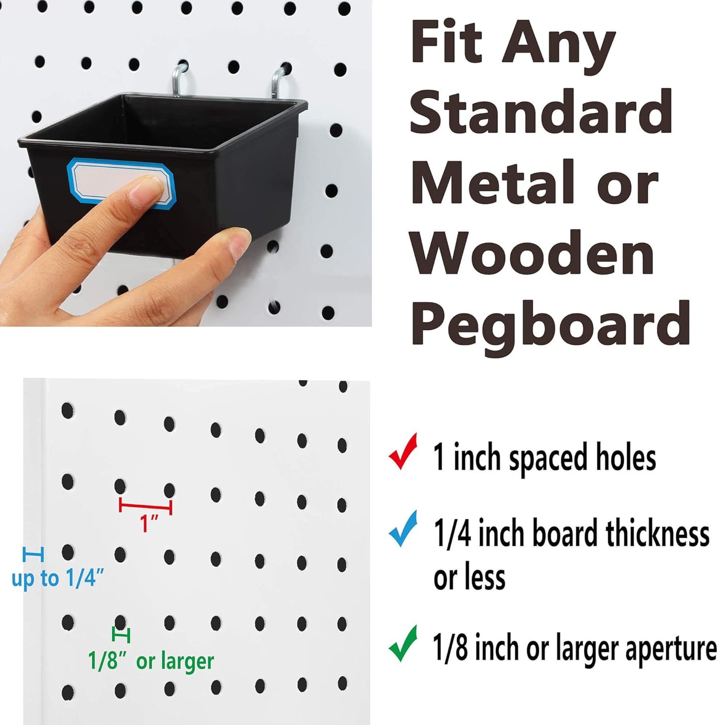 FRIMOONY Pegboard Bins with Hooks and Labels, for Organizing Accessories, 6 Pack Type A and 6 Pack Type B, Black