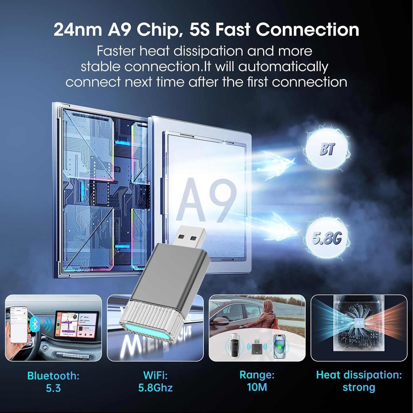 Mini Wireless Carplay Adapter for Apple iPhone,Plug and Play Easy Setup Automatic Reconnect,Convert Wired to Wireless Bluetooth Carplay Adapter Dongle,for Car play 2016+ & iPhone iOS 10+ (USB A)Grey01