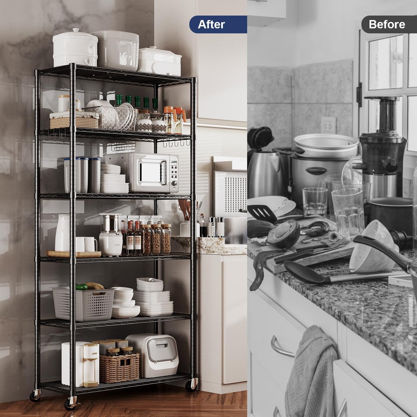 Himix 73''H X 35.5''W X14''D 6 Tier Wire Shelf with Wheels 10 Hooks, Adjustable NSF Wire Shelving Unit Heavy Duty Metal Storage Shelves Free Standing Rack Organization for Pantry,Kitchen,Garage