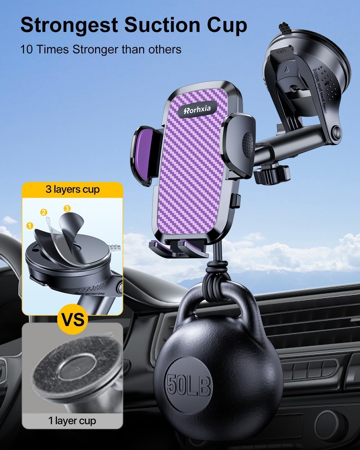 Purple 3-in-1 Phone Holders for Your Car [2025 Most Stable and Flexible Suction Cup] Vent Dashboard Windshield Cell Phone Car Mount Fit for iPhone, Samsung, All Phone