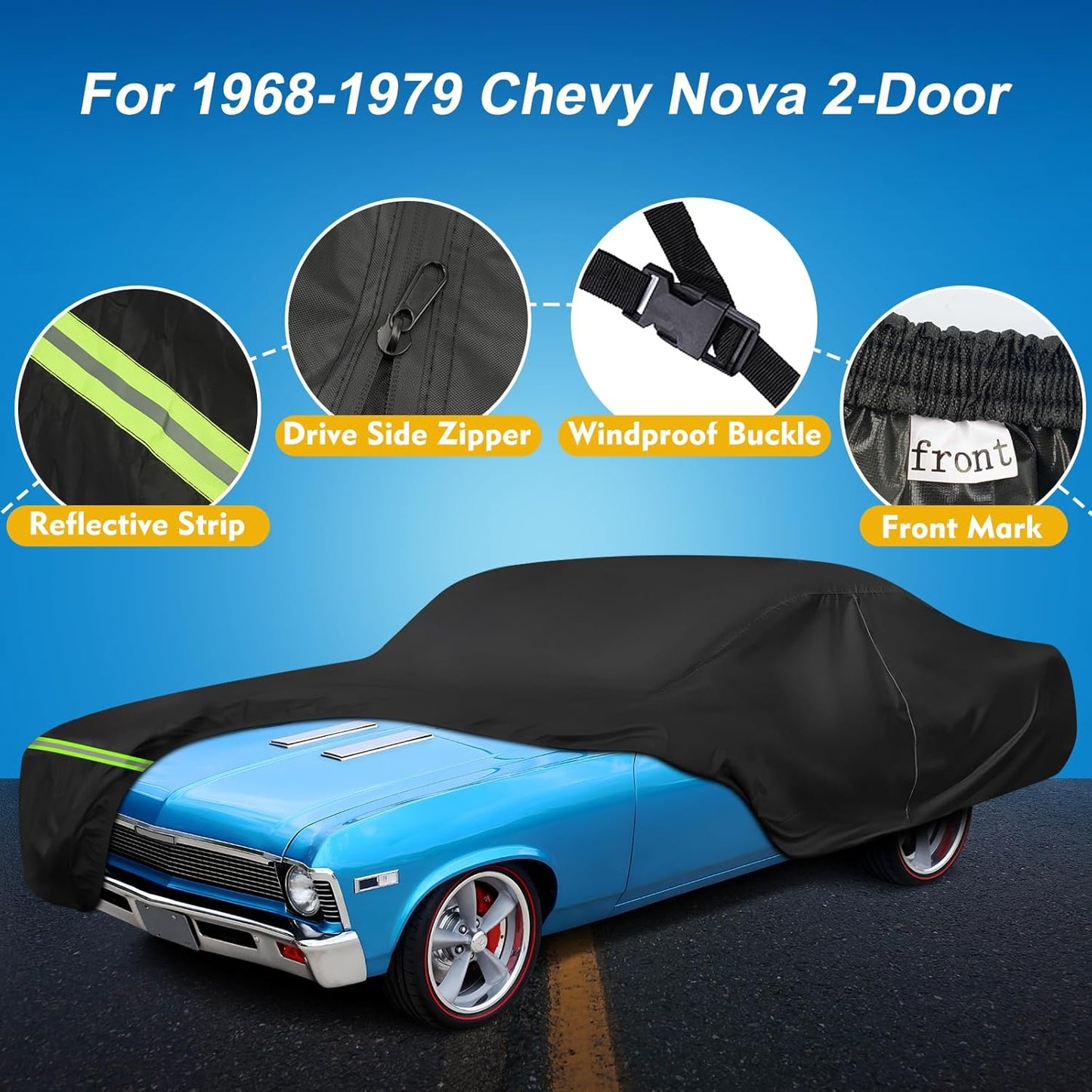 QUNSUNUS Waterproof Car Cover for Chevy Nova 2-Door 1968-1979, Outdoor Car Covers with Zipper, All Weather Cover with Straps and Elastic Edges for Wind, Sun, UV and Dust Protection