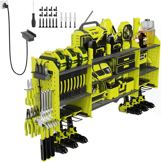 45" Large Power Tool Organizer Wall Mount with Charging Station - 3 Layer Storage Racks with 8 Cordless Drill Holder, 4 Hooks, Heavy Duty Garage Tool Organizer Storage for Workshop Pegboard Basement