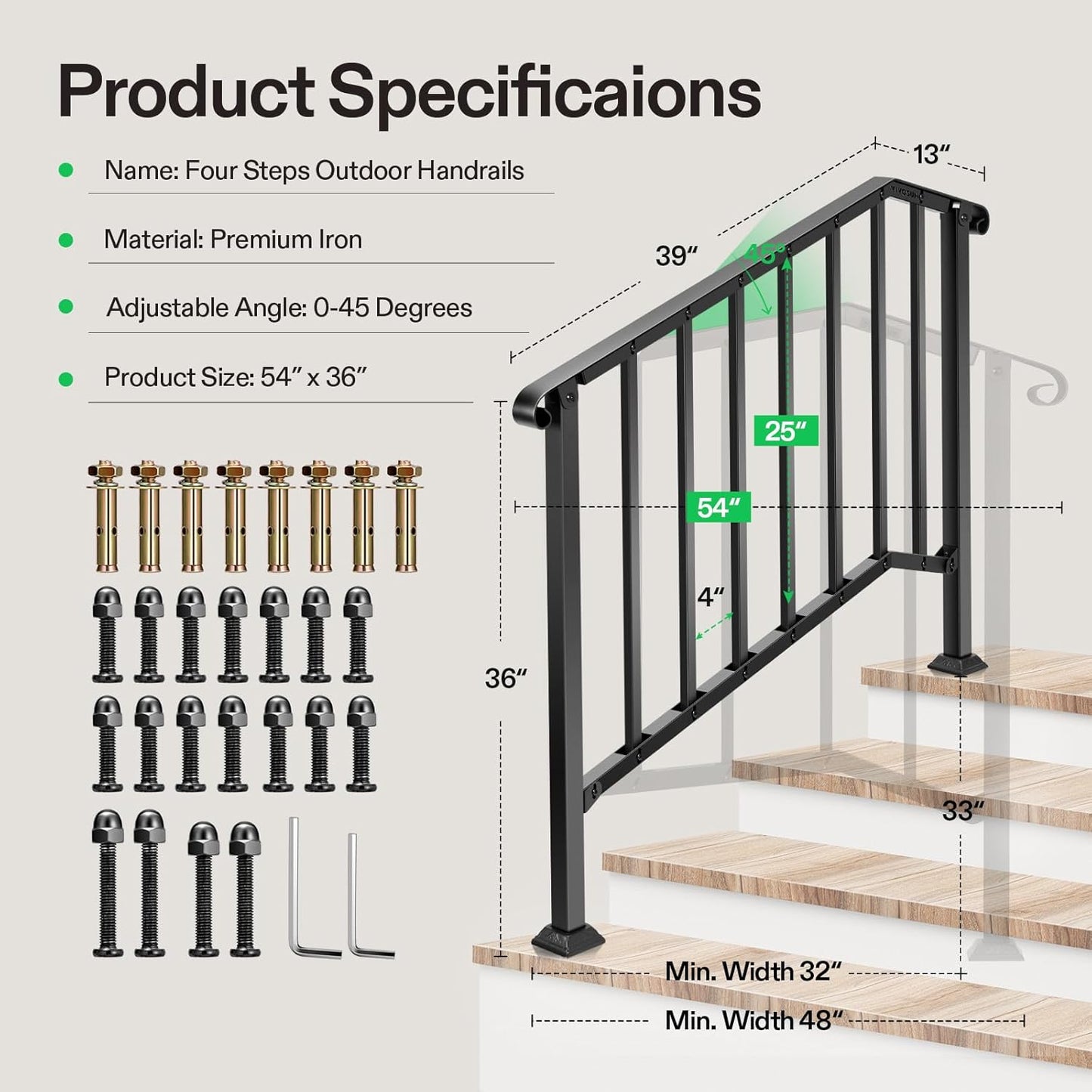 VIVOSUN Outdoor Handrail, 4 Step Stair Handrail, 54" x 36" Fits 1 to 4 Steps, Wrought Mattle Iron Stair Railing with Curved End and Balusters for Concrete Step, Porch Steps, One-Step Assembly, Black