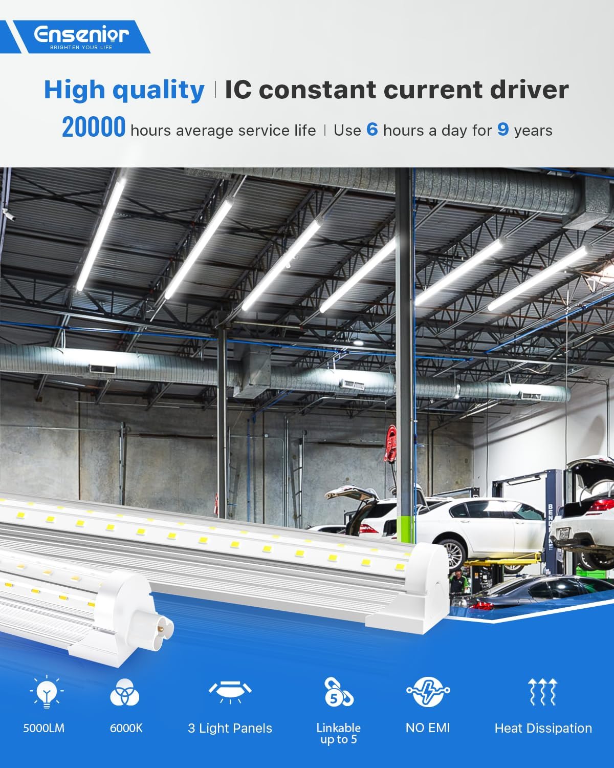 Ensenior 6 Pack 8 FT Led Shop Lights, 6000K Clear White, 10000LM Super Bright, 72W Equivalency 936W, Commercial Bay Lighting, U-Shaped Linkable Shop Lights Plug in for Garage, Workshop, FCC Certified