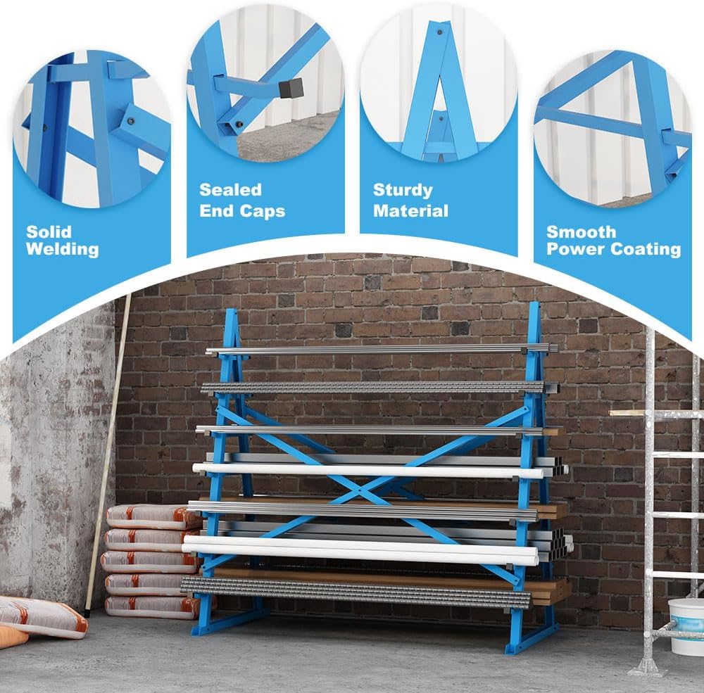 Yeeoy Steel Horizontal Storage Rack, 7 Tier Detachable Lumber Storage Rack, Heavy Duty Adjustable Pipe Rack Lumber Organizer Shelf for Garage Workshop Shed Basement, Blue