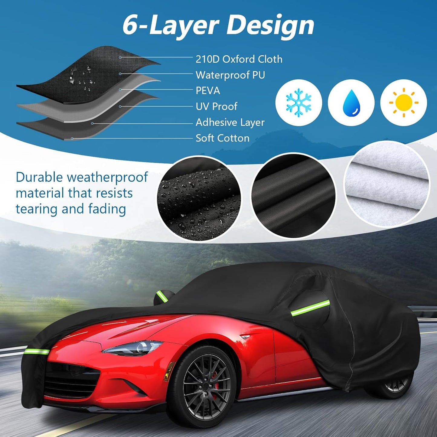 Waterproof Full Car Cover Custom Fit for Mazda Miata MX-5 1989-2023, All Weather OutdoorWindproof Heavy Duty Protection with Zipper and Soft Cotton Lining, Storage Bag(Black)