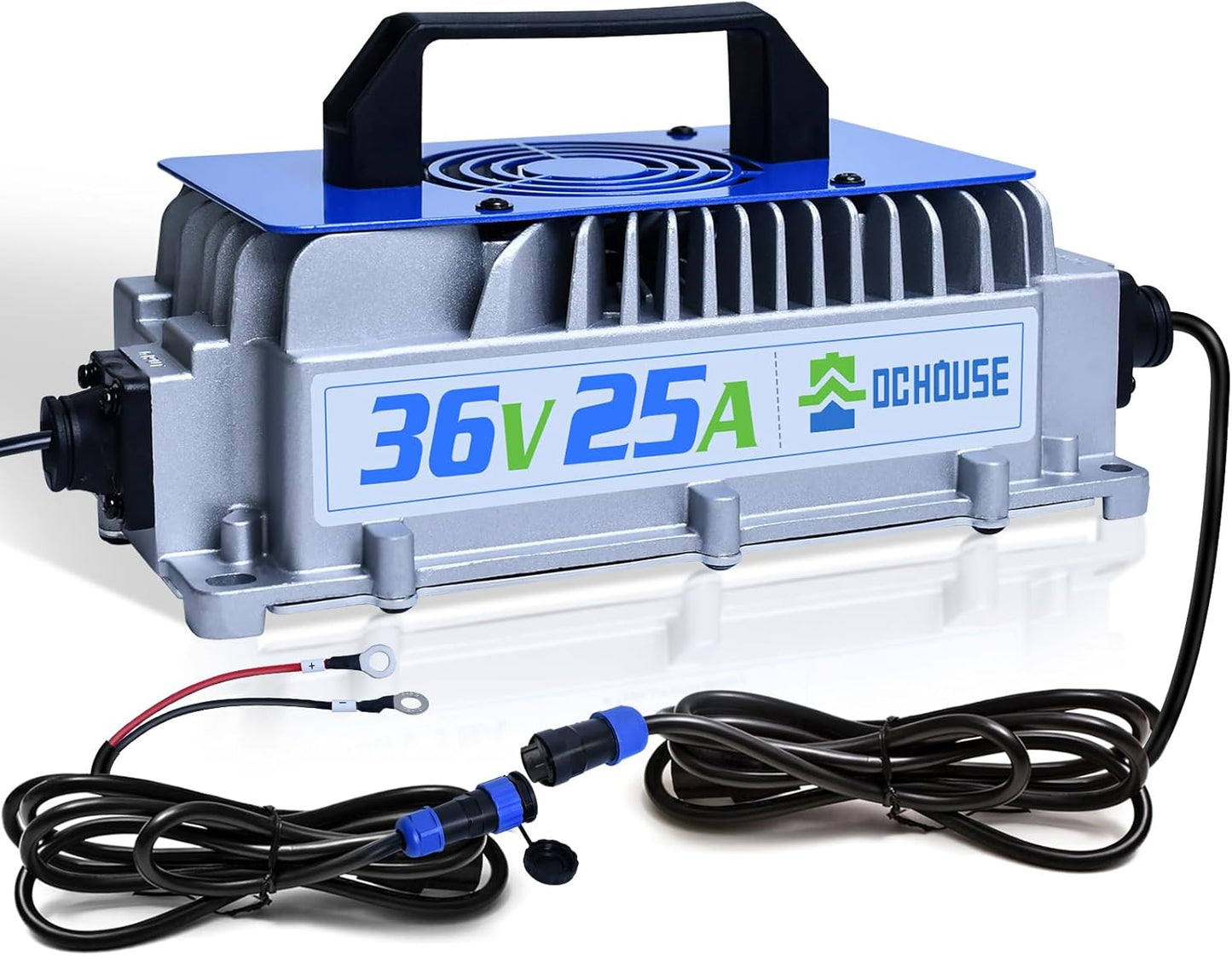 DC HOUSE 36V 25A Lithium Battery Charger, 900W Fast Charger, Charging Efficiency ≥ 93%, IP65 Waterproof Anti-Fall with Cooling Fan, Suitable for 36V Golf Cart,Trolling Motor, Forklift LiFePO4 Battery
