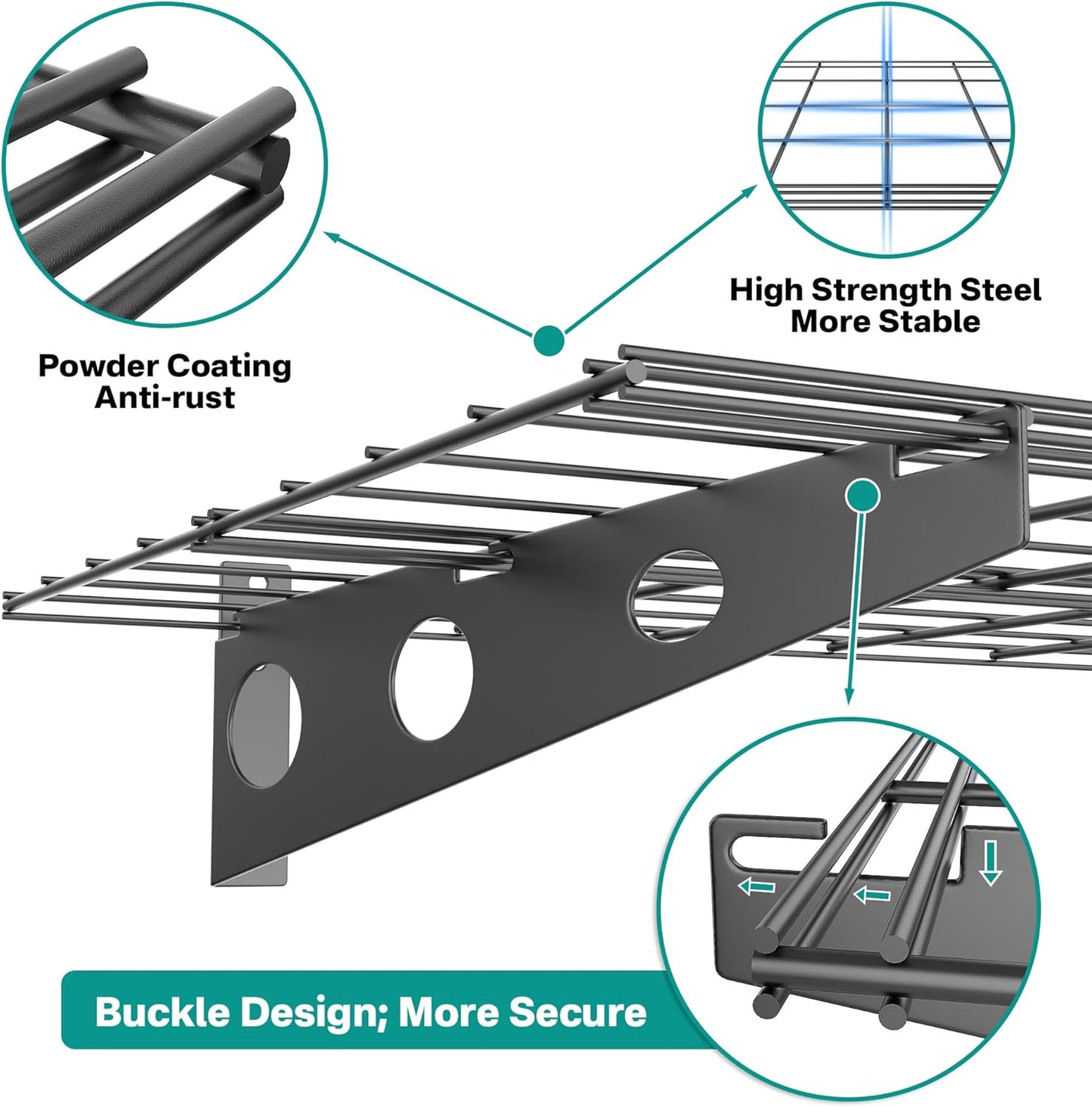 EVERHANGER Wall Mounted Garage Wall Shelves, 2 x 4 ft Metal Storage Shelves, Heavy Duty Wall Shelving with Hooks, Holds Up to 220 Lbs, Black