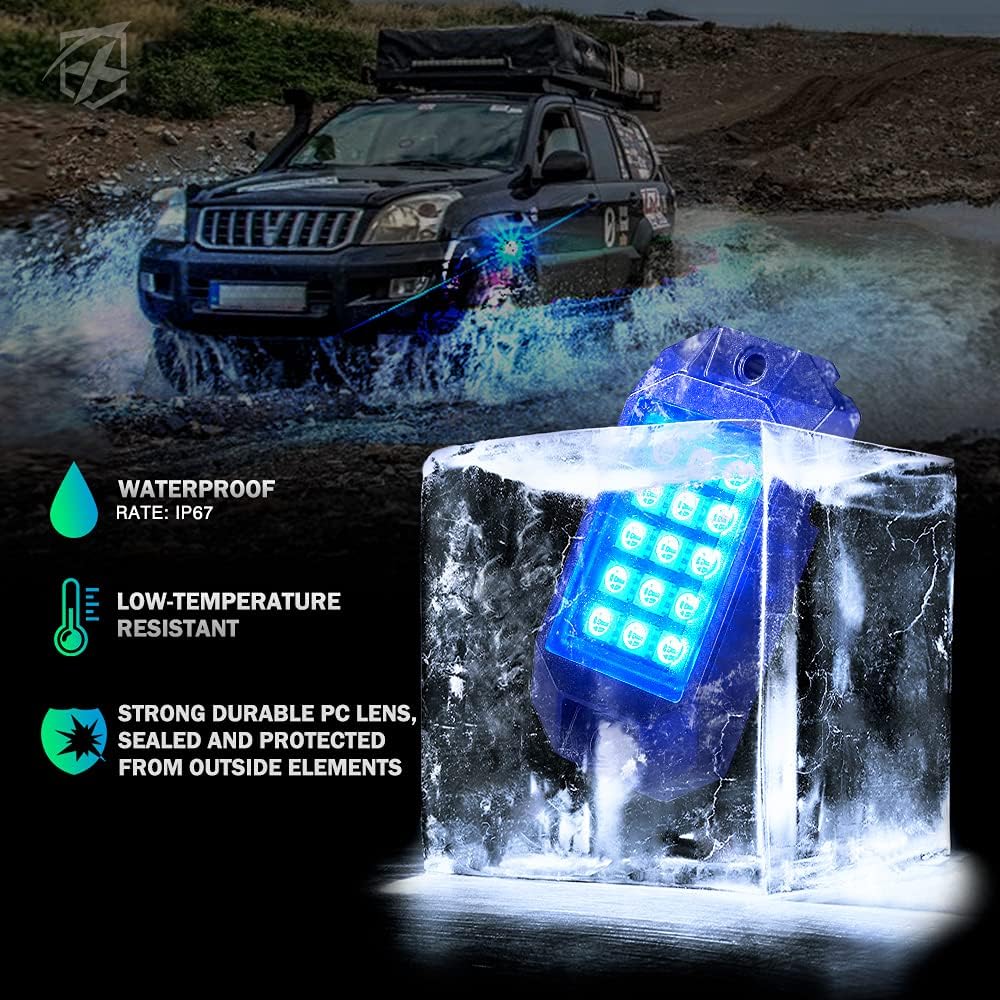 Xprite RGB Bluetooth Rock Lights Kit, Multicolor Neon Lighting Cars Underglow Footwell Wheel Well Light Pods, w/RF Remote Controller for Off-Road, Trucks, UTV, ATV, SUV, RZR, Motorcycles, Boat 8 PCS