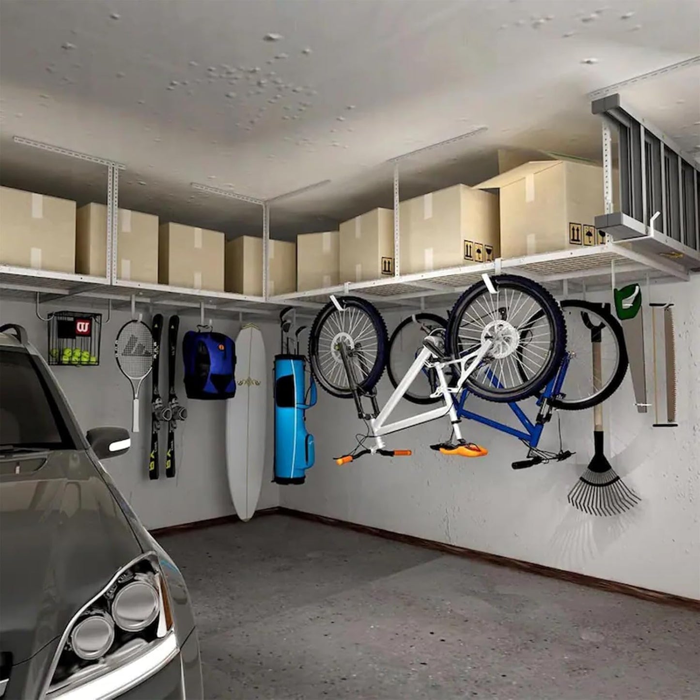 Heavy Duty Overhead Garage Storage Rack, Adjustable Organization System, Metal Garage Ceiling Storage Racks, White