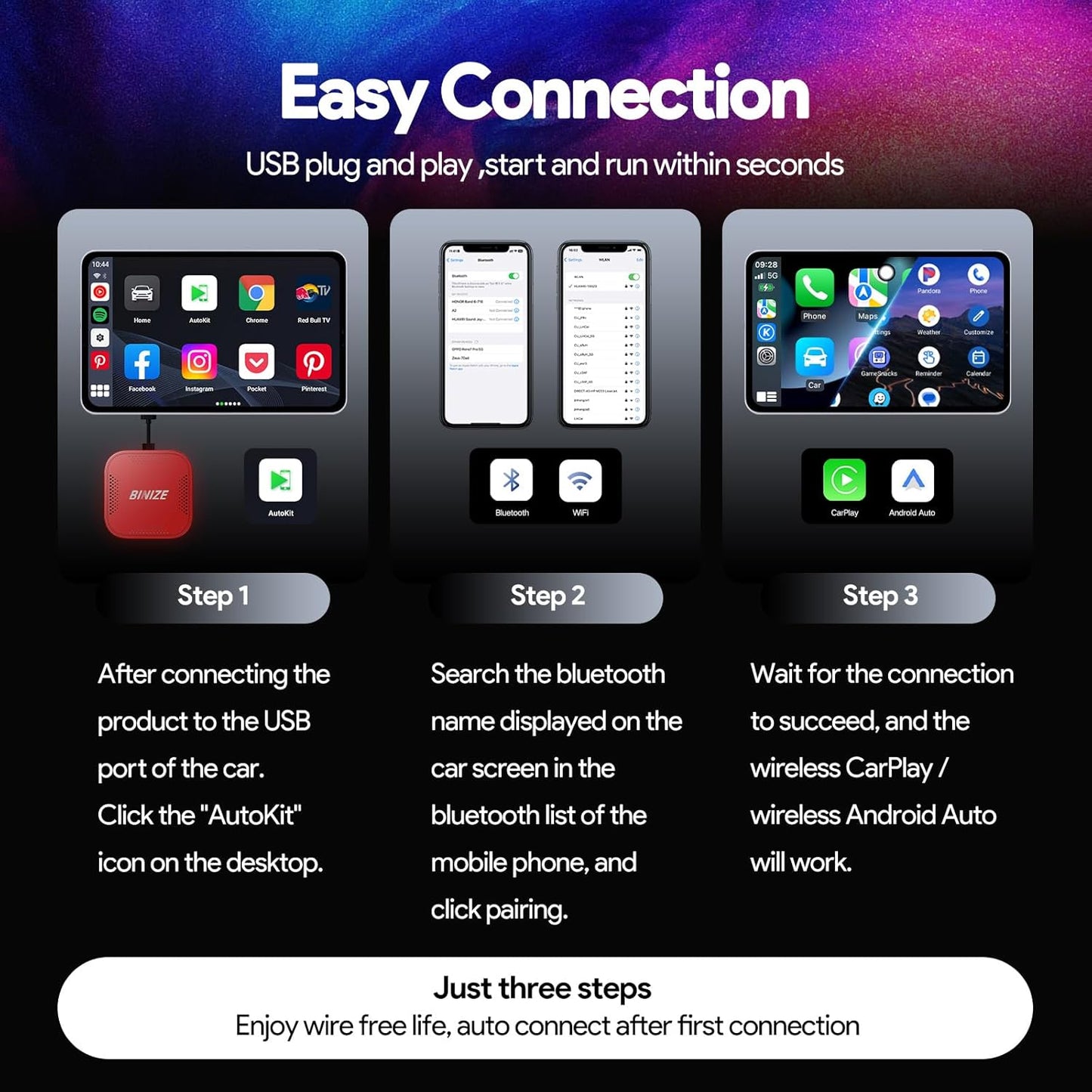 Binize Carplay Ai Box Android 13 AndroidAuto AI Box Wireless Carplay AndroidAuto Built-in Navigation, Support Video APPS etc. Support Car with OEM Wired CarPlay/Android Auto (Red 8G+128G)