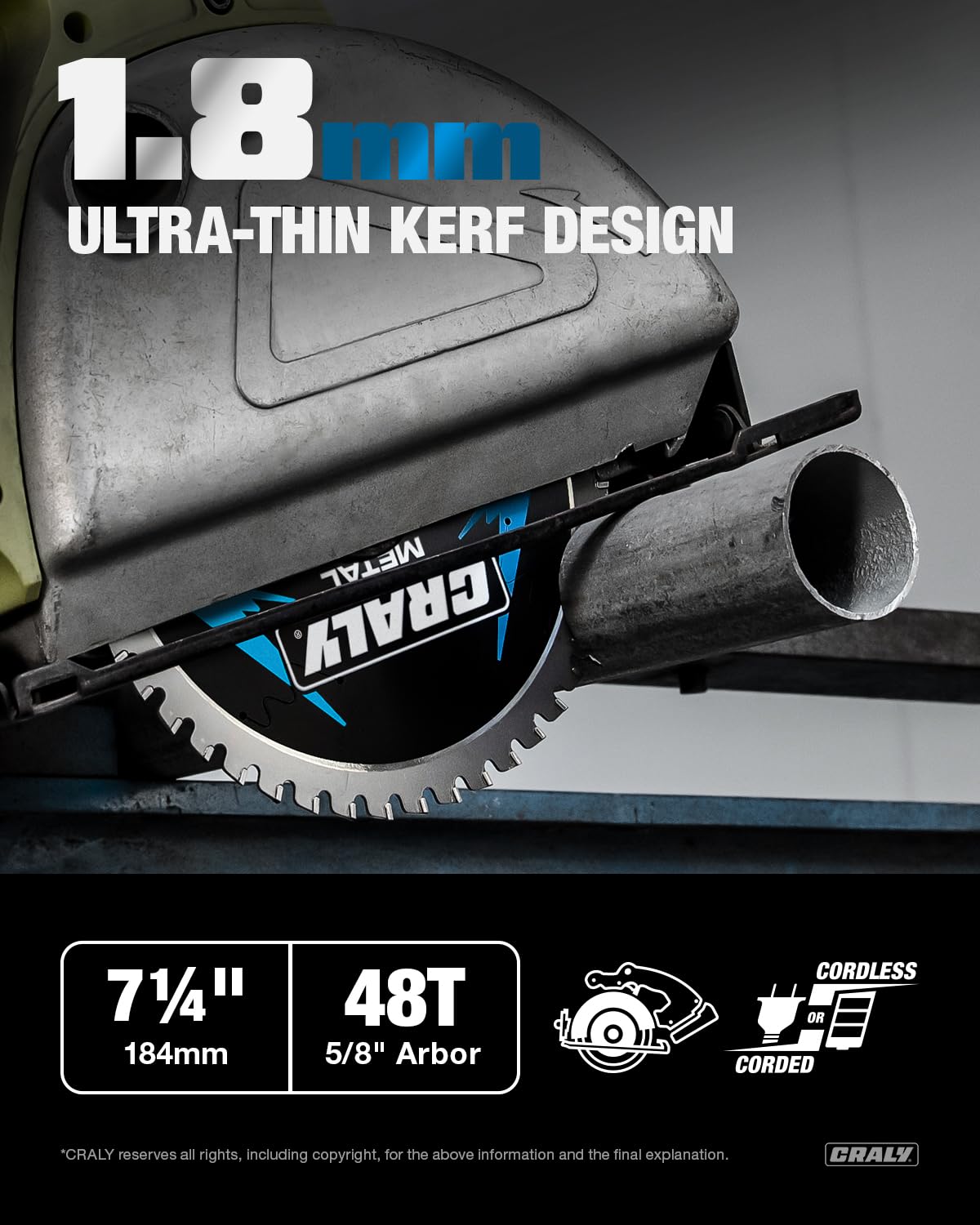 CRALY 7-1/4 Inch 48 Teeth Steel and Ferrous Metal Cutting Circular Saw Blade, 5/8 Inch Arbor, Thin Kerf, Professional Carbide Tipped Blade for Angle Iron, Threaded Rod, EMT Conduit(C0748MC)