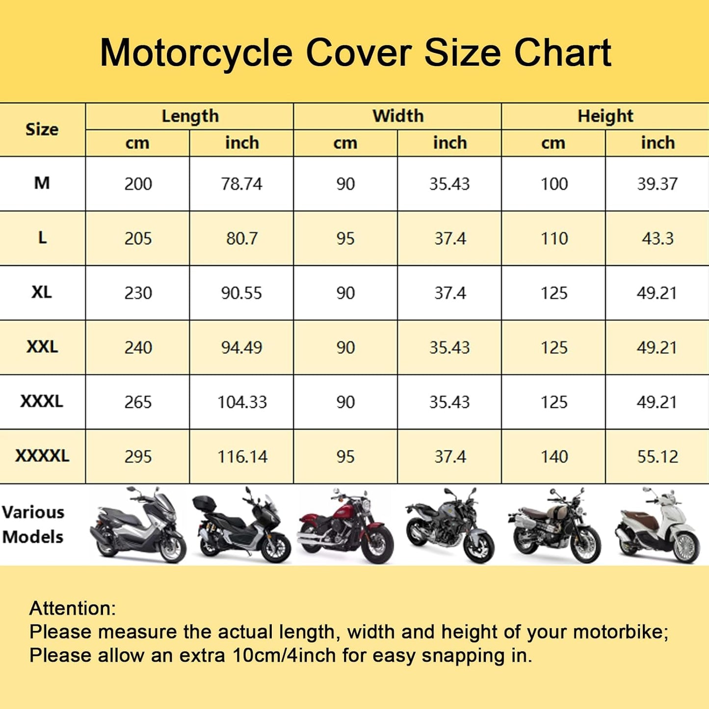 Waterproof Motorcycle Cover Outdoor, Motorbike Scooter Moped Rain Dust Cover with 5 Reflective Strips and 2 Windproof Buckles, 2 Lock-Holes for Cruisers Sportbikes (4XL: 116 x 37 x 55 inch)