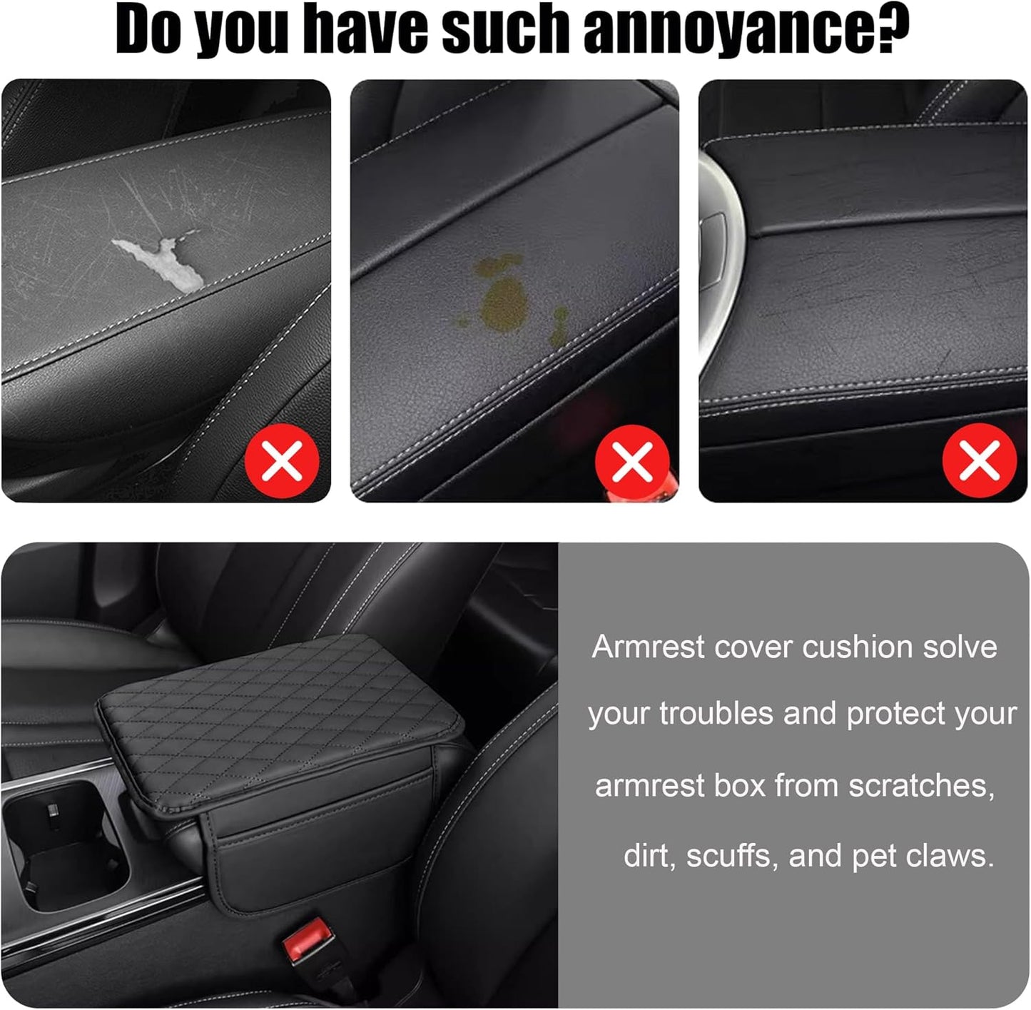 Car Center Console Cover, Upgraded Leather Armrest Seat Box Cover with 2 Storage Bags, Universal Waterproof Car Armrest Cover Cushion Comfortable Car Decor Accessories for Most Vehicles (Black)