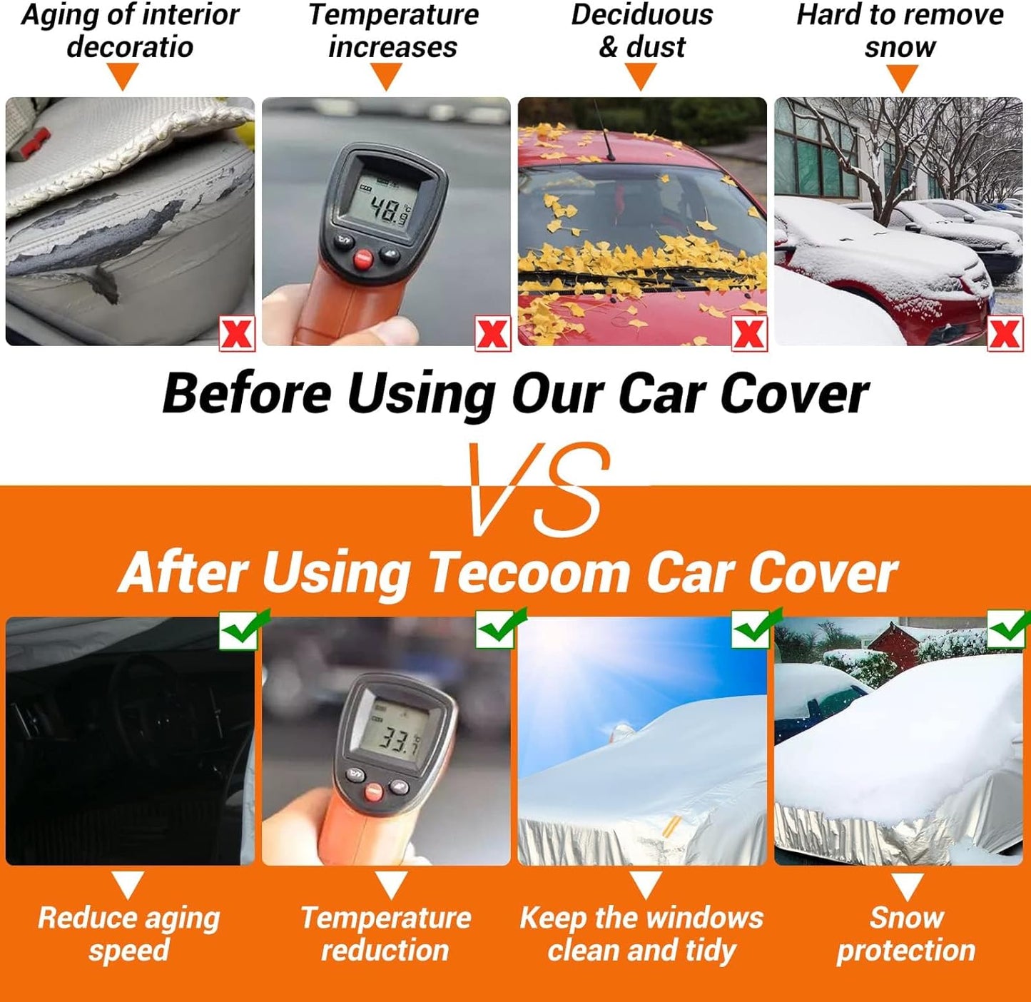 Tecoom Car Cover Waterproof All Weather, 3 Layers Car Covers for Automobiles, Fleece Lining with Zipper Door Lock Full Exterior Covers, Wind Rain Snow Sun Hail Protection Fit for Sedan (191-200 Inch)