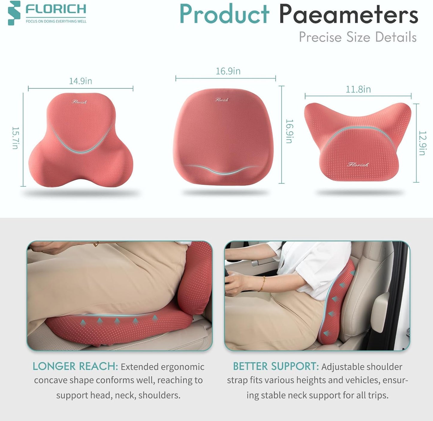 FLORICH Car Seat Cushion and Lumbar Support Pillow for Office Chair Car, Neck Headrest Pillow, Ergonomic Memory Foam, Pressure-Relieving Back Support for Car, Office Chair & Wheelchair – Red