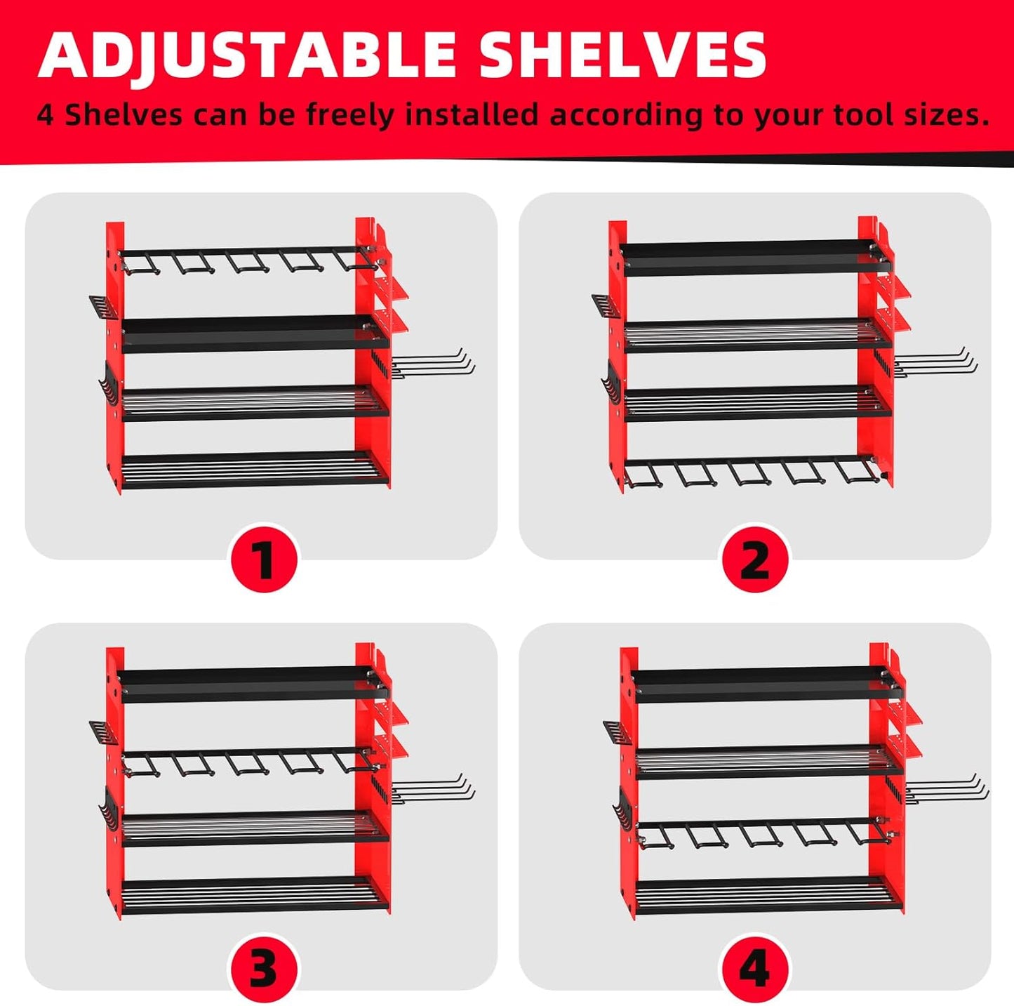 Power Tool Organizer Wall Mount with 4-Drill Holders-400Lbs Load Heavy Duty Metal 4-Layers Garage Storage & Organization Battery Tools Rack with Side Panels Utility Racks Workshop Gifts for Men