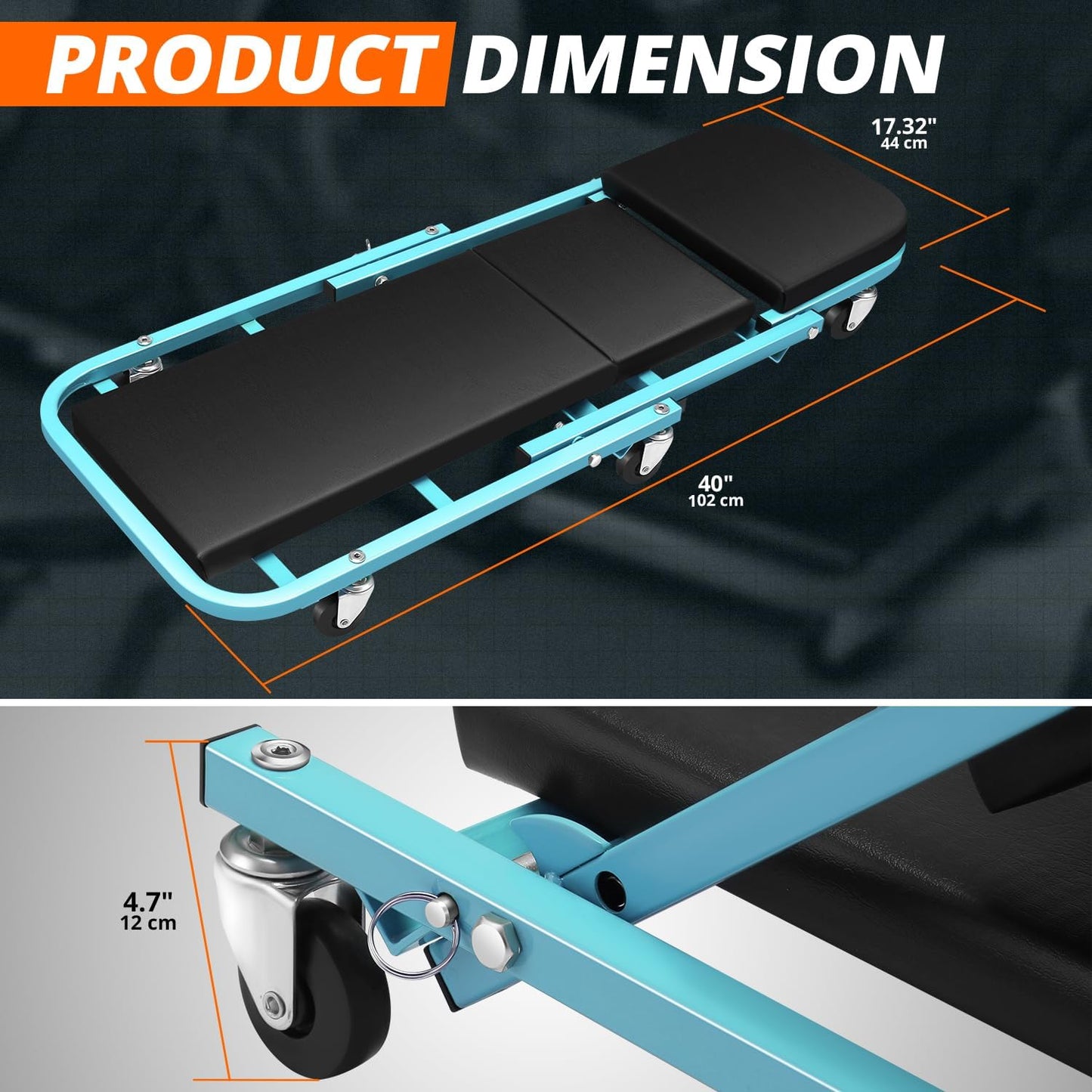 DNA MOTORING 40 Inches Folding 2 in 1 Rolling Z Creeper, Adjustable Roller Garage Chair Lay Down or Sit, 6 Pcs 2" Casters, 150kg Weight Capacity, Tiffany Blue, TOOLS-00187-TB