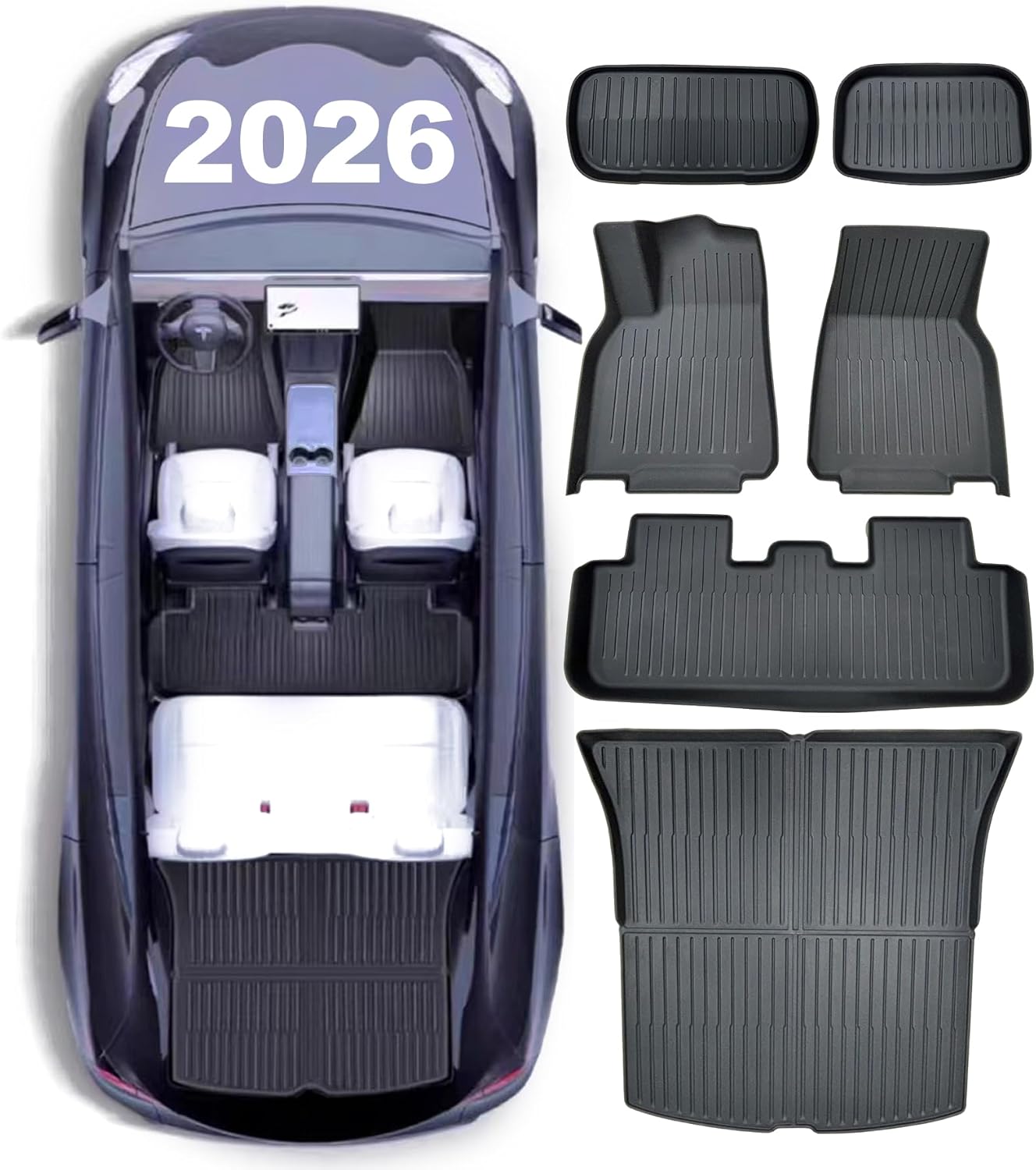 Full Set Floor Mats for New Tesla Model Y 2025 2026 Juniper(Rear with Screen) All Weather Floor Mats(5-seat), Tesla Y Frunk Trunk Mat Rear Cargo Liner,Tesla Model Y Accessories 2026(6 PCS)