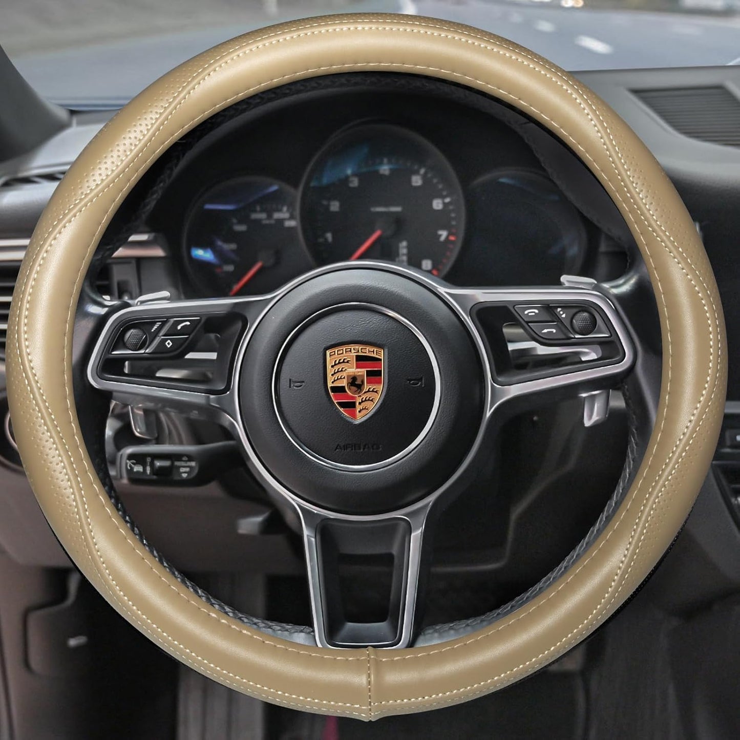 HAOKAY Top Grade Beige Genuine Leather Steering Wheel Cover Men Women, Luxury Steering Wheel Cover for Cars, SUVS and Trucks, Universal 14.5-15 inch